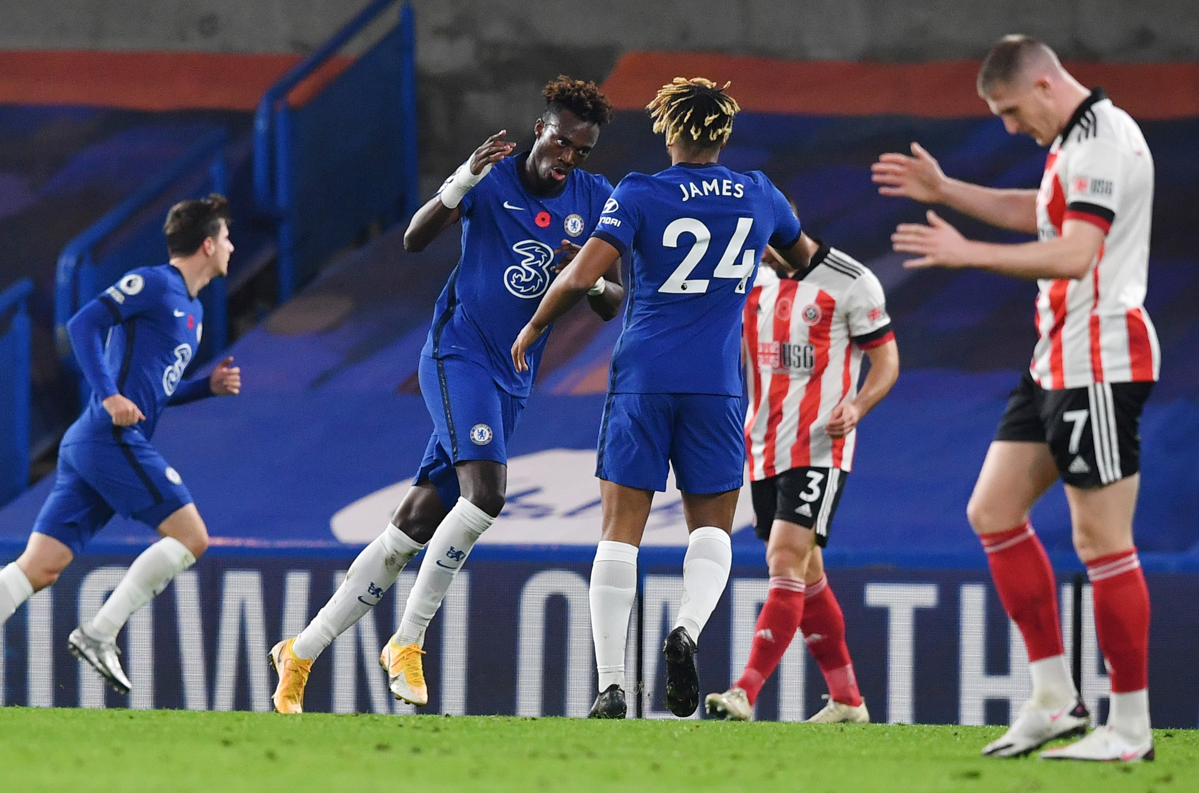 Soccer Football - Premier League - Chelsea v Sheffield United - Stamford Bridge, London, Britain - November 7, 2020 Chelsea's Tammy Abraham celebrates scoring their first goal with Reece James Pool via REUTERS