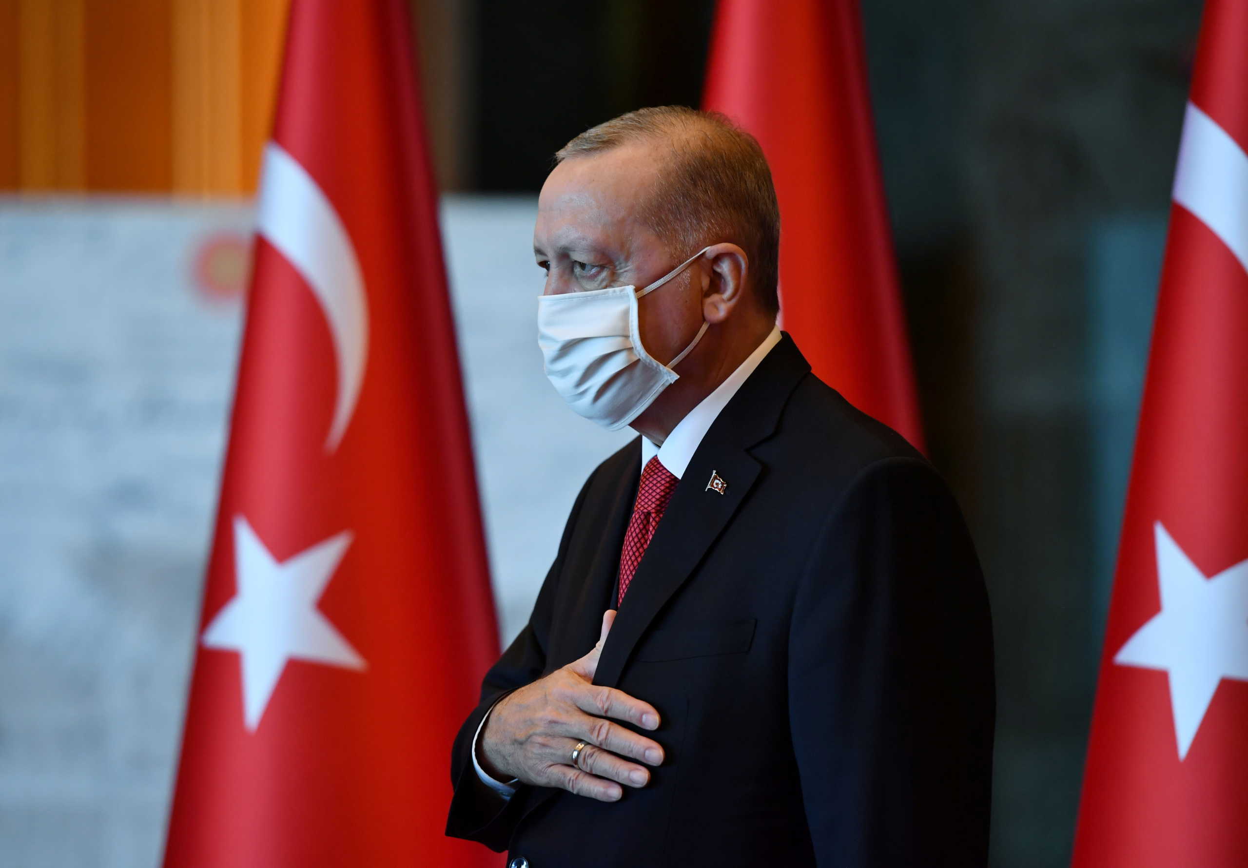 Turkish President Tayyip Erdogan attends a Republic Day ceremony at the Presidential Palace in Ankara, Turkey, October 29, 2020. Presidential Press Office