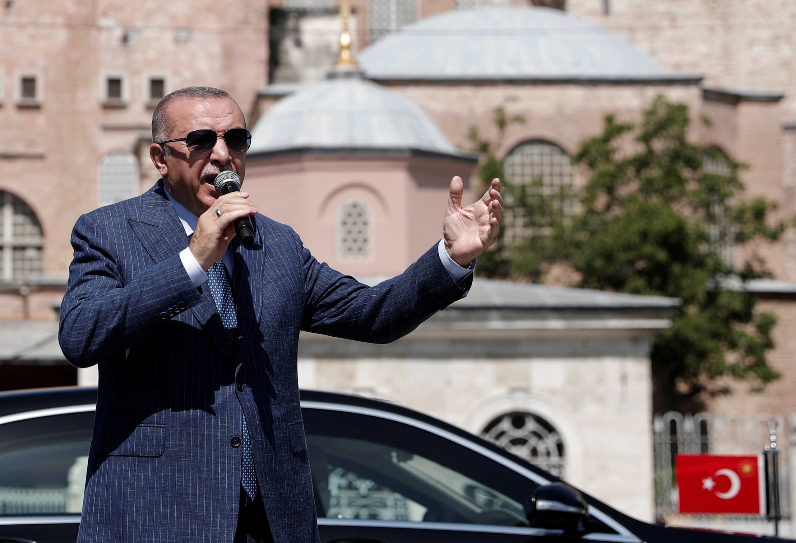 FILE PHOTO: Turkish President Tayyip Erdogan speaks to the media after attending Friday prayers at Hagia Sophia Grand Mosque in Istanbul, Turkey August 7, 2020. REUTERS