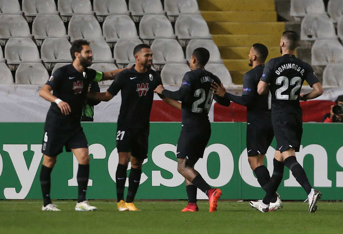 Soccer Football - Europa League - Group E - Omonia v Granada - GSP Stadium, Strovolos, Cyprus - November 5, 2020 Granada's Yangel Herrera celebrates scoring their first goal with teammates REUTERS