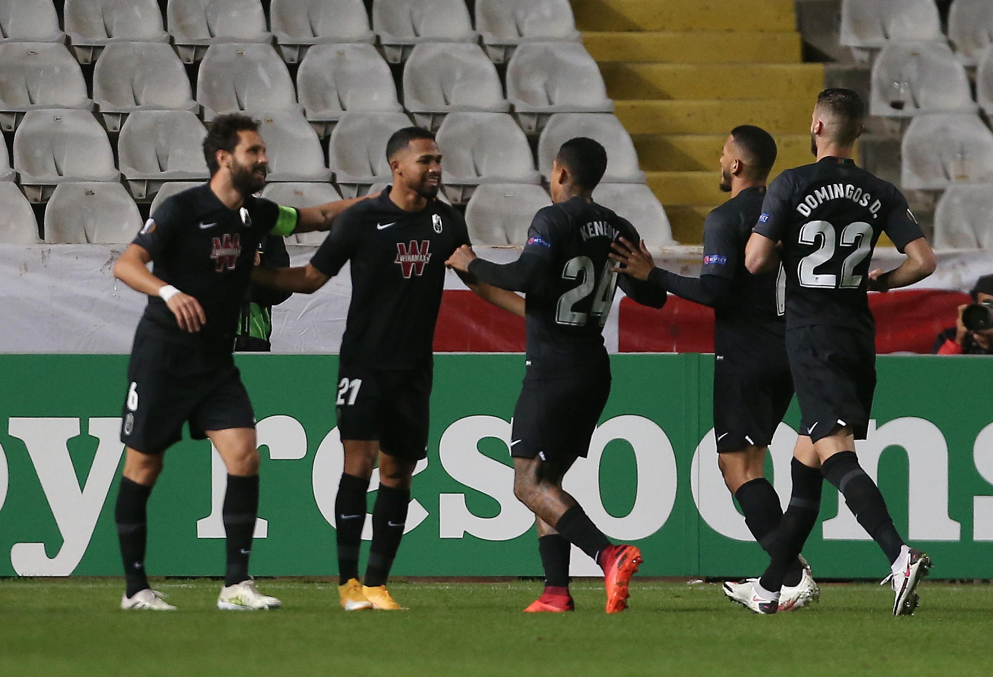 Soccer Football - Europa League - Group E - Omonia v Granada - GSP Stadium, Strovolos, Cyprus - November 5, 2020 Granada's Yangel Herrera celebrates scoring their first goal with teammates REUTERS