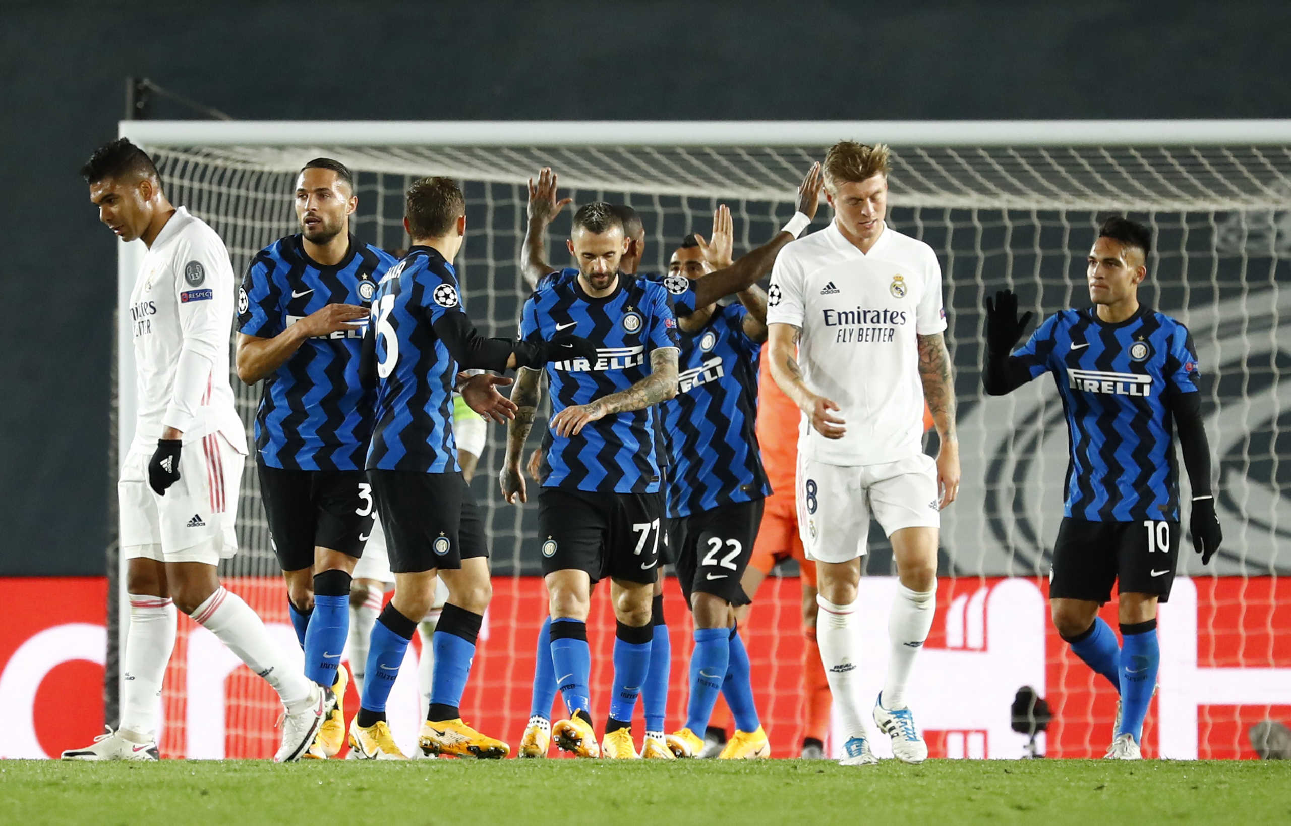 Soccer Football - Champions League - Group B - Real Madrid v Inter Milan - Estadio Alfredo Di Stefano, Madrid, Spain - November 3, 2020  Inter Milan players celebrates their second goal scored by Ivan Perisic REUTERS