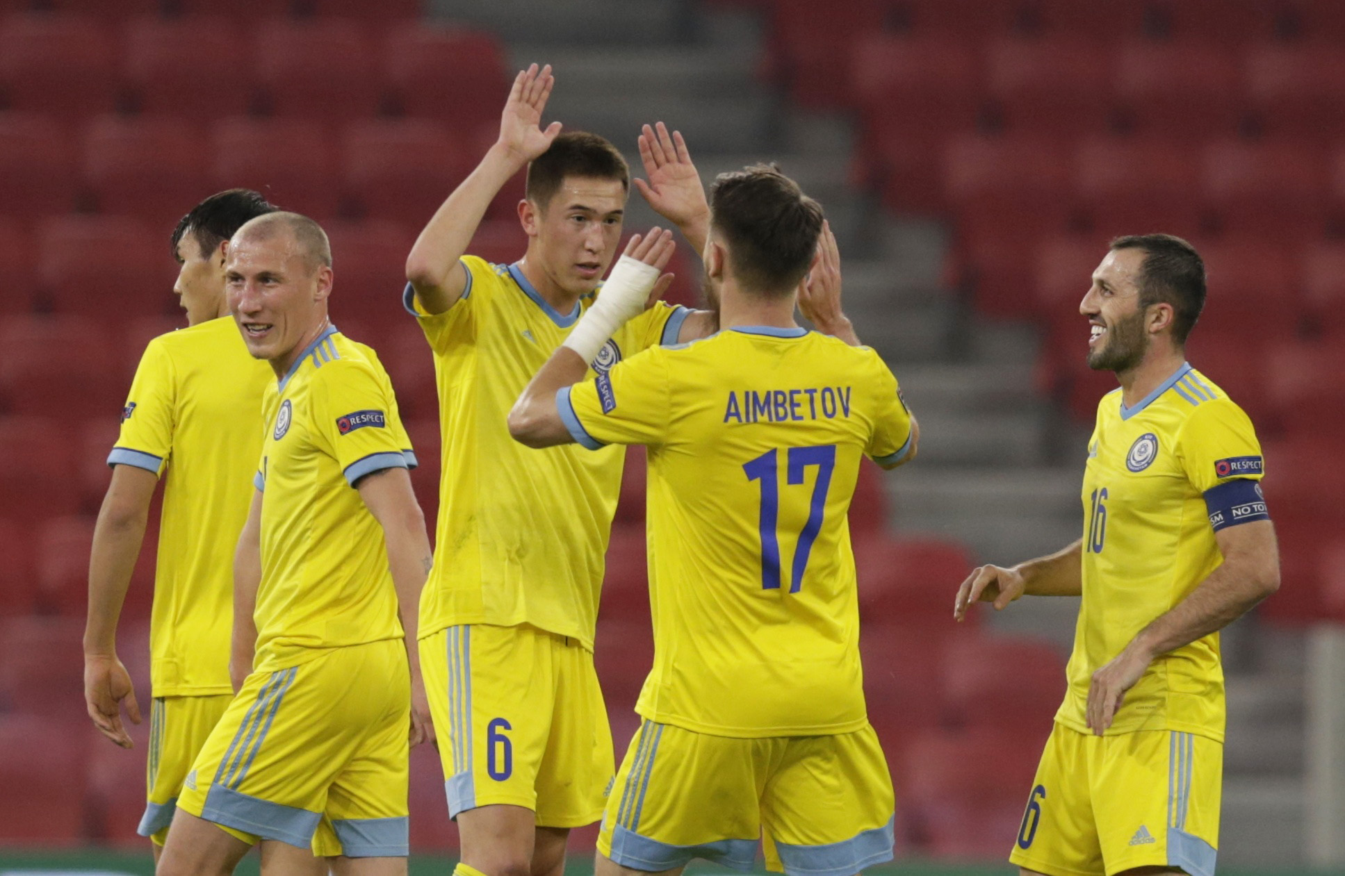 Soccer Football - UEFA Nations League - League C - Group 4 - Albania v Kazakhstan - Air Albania Stadium, Tirana, Albania - November 15, 2020 Kazakhstan's Abat Aimbetov celebrates scoring their first goal with teammates REUTERS