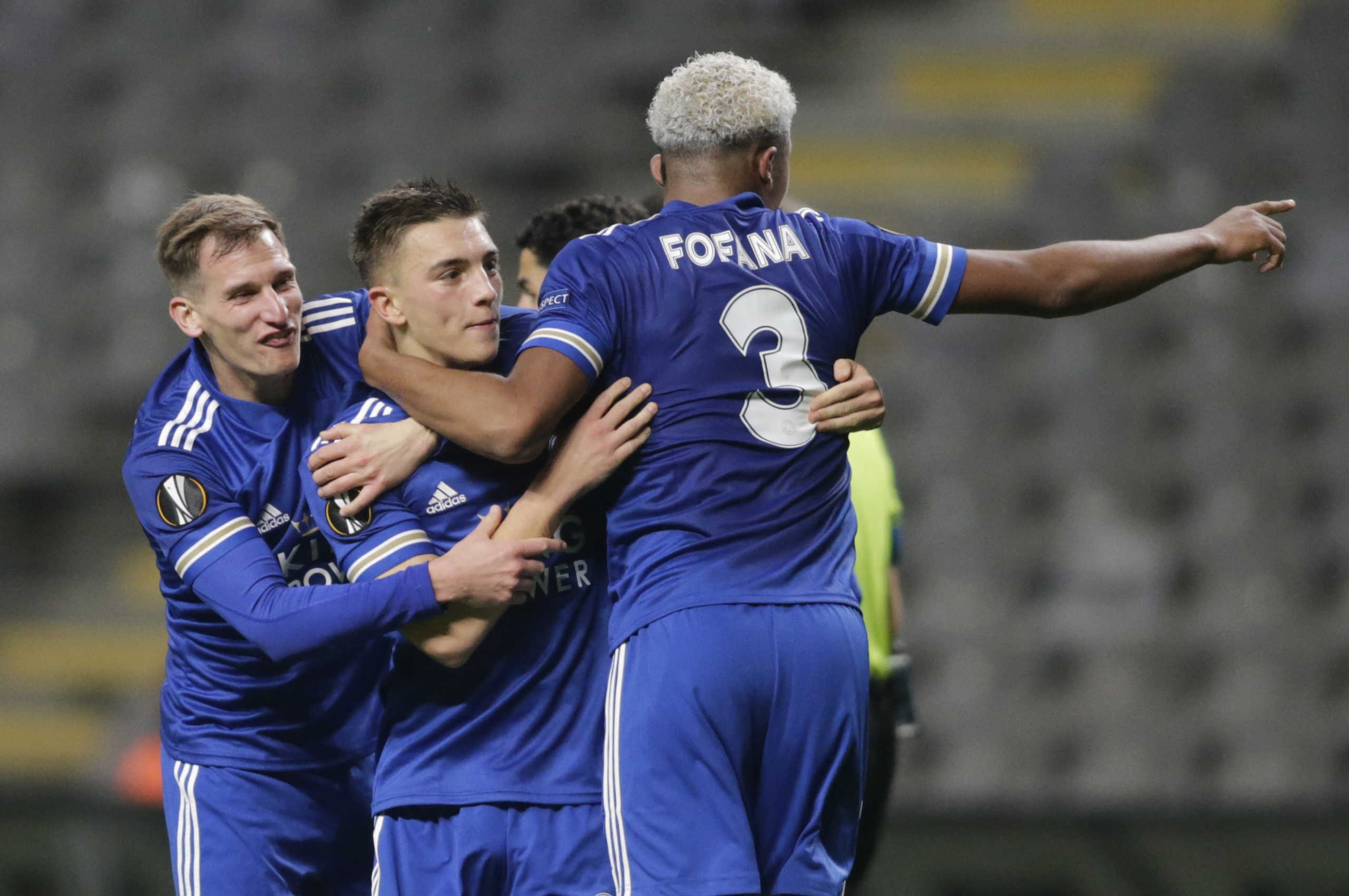 Soccer Football - Europa League - Group G - S.C. Braga v Leicester City - Estadio Municipal de Braga, Braga, Portugal - November 26, 2020  Leicester City's Luke Thomas celebrates scoring their second goal with teammates REUTERS
