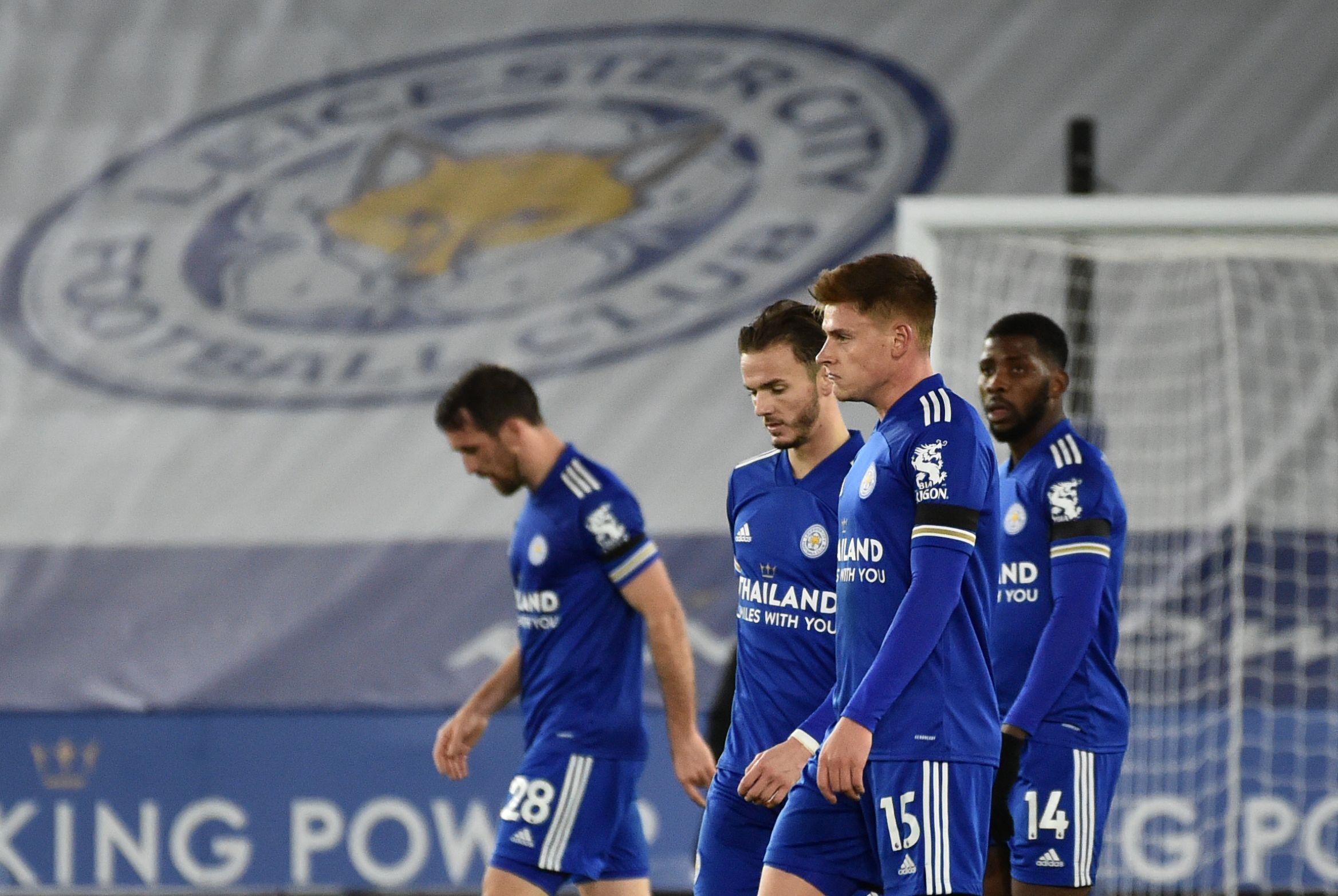 Soccer Football - Premier League - Leicester City v Fulham - King Power Stadium, Leicester, Britain - November 30, 2020 Leicester City's Harvey Barnes and teammates look dejected after the match Pool via REUTERS
