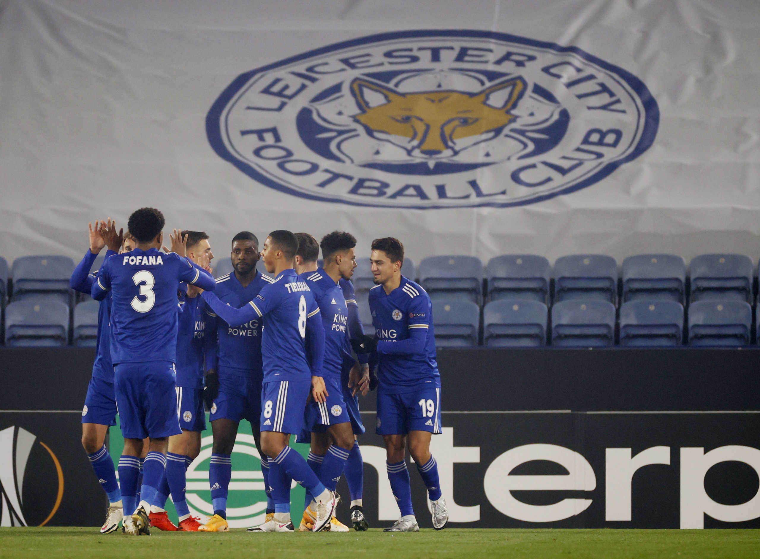 Soccer Football - Europa League - Group G - Leicester City v S.C. Braga - King Power Stadium, Leicester, Britain - November 5, 2020 Leicester City's Kelechi Iheanacho celebrates scoring their first goal with teammates REUTERS