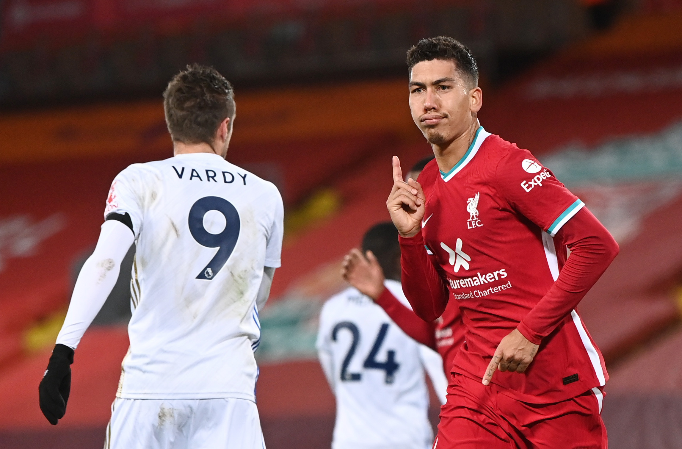 Soccer Football - Premier League - Liverpool v Leicester City - Anfield, Liverpool, Britain - November 22, 2020 Liverpool's Roberto Firmino celebrates scoring their third goal Pool via REUTERS