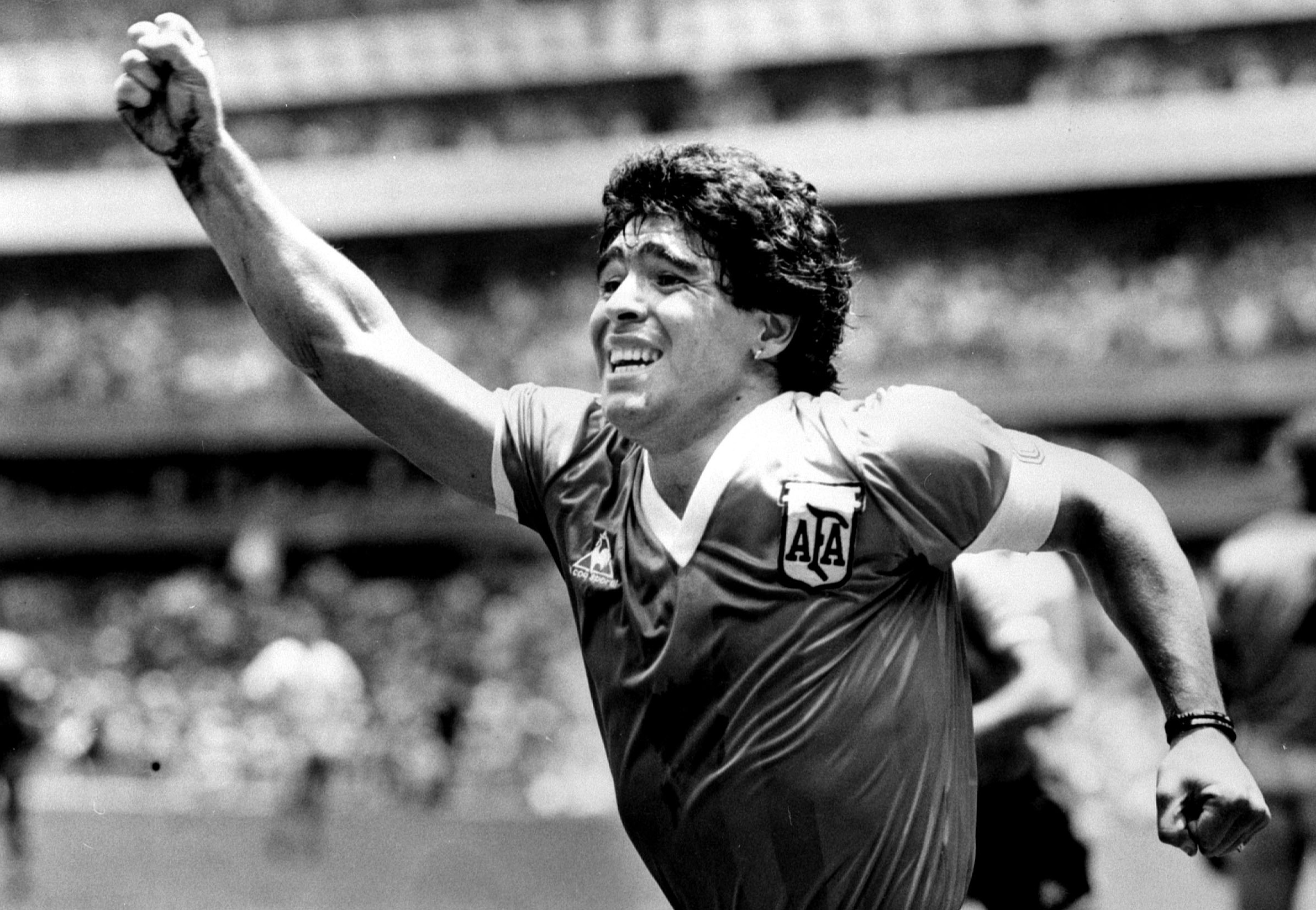 FILE PHOTO:  Argentinian star Diego Maradona raises his arm in the air after scoring his game winning goal against England in their World Cup semi final in Mexico, June 22, 1986. REUTERS