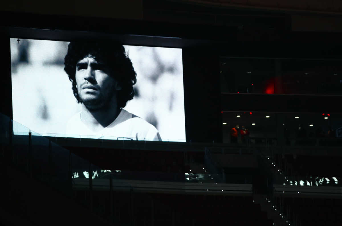 Soccer Football - Champions League - Group A - Atletico Madrid v Lokomotiv Moscow - Wanda Metropolitano, Madrid, Spain - November 25, 2020 An image is displayed on the big screen during a minute's silence in memory of Diego Maradona before the match REUTERS