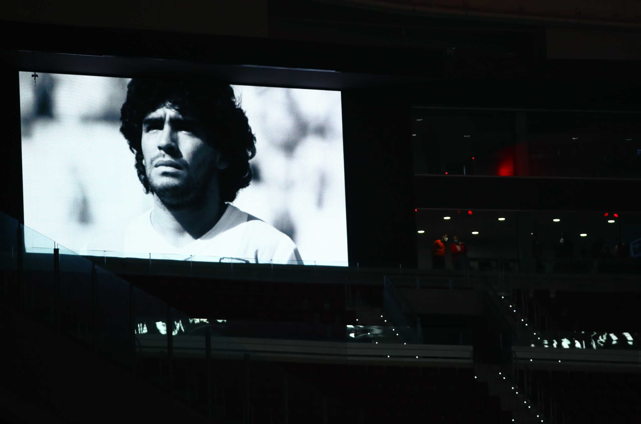 Soccer Football - Champions League - Group A - Atletico Madrid v Lokomotiv Moscow - Wanda Metropolitano, Madrid, Spain - November 25, 2020 An image is displayed on the big screen during a minute's silence in memory of Diego Maradona before the match REUTERS