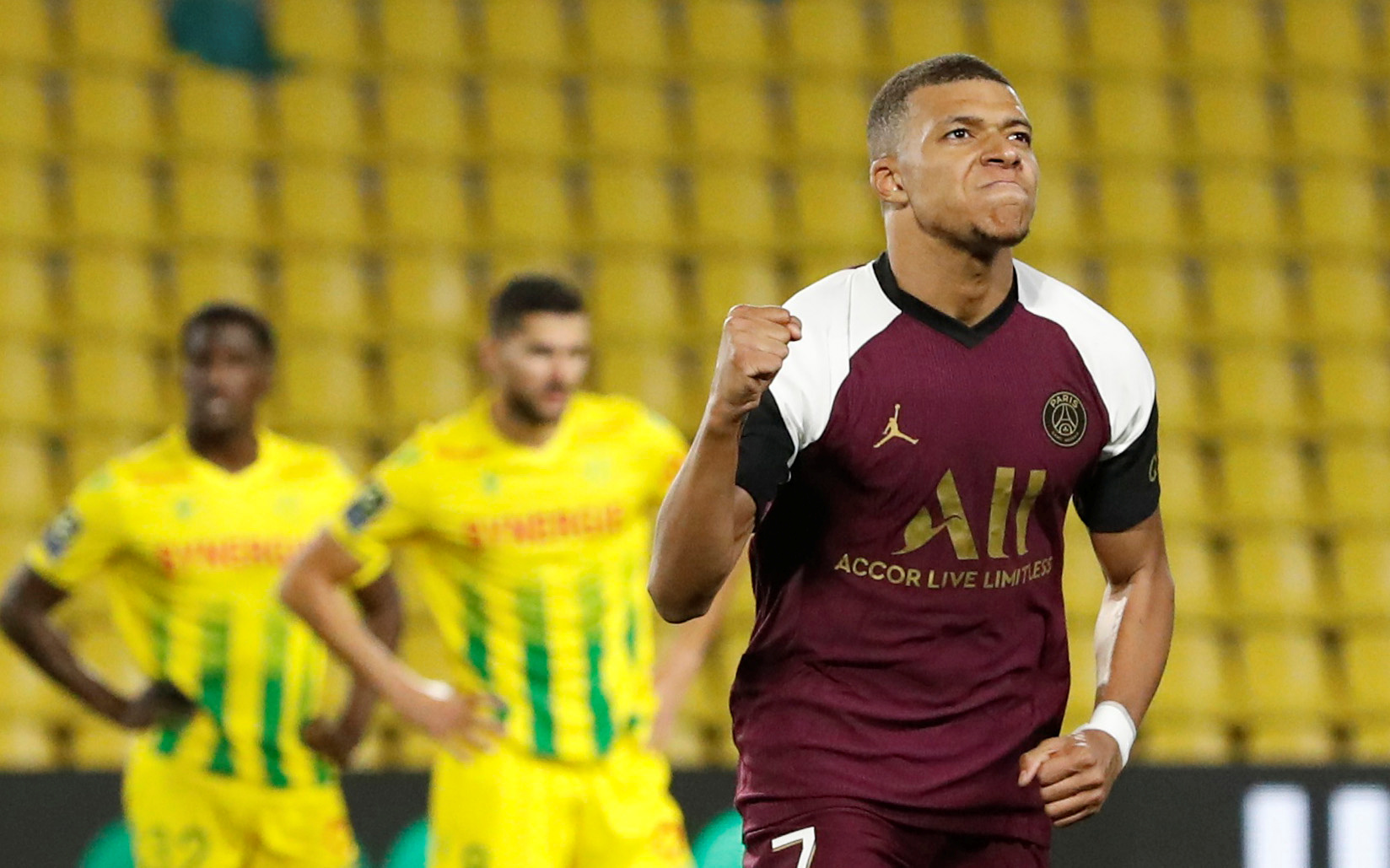 Soccer Football - Ligue 1 - Nantes v Paris St Germain - The Stade de la Beaujoire - Louis Fonteneau, Nantes, France - October 31, 2020 Paris St Germain's Kylian Mbappe celebrates scoring their second goal REUTERS