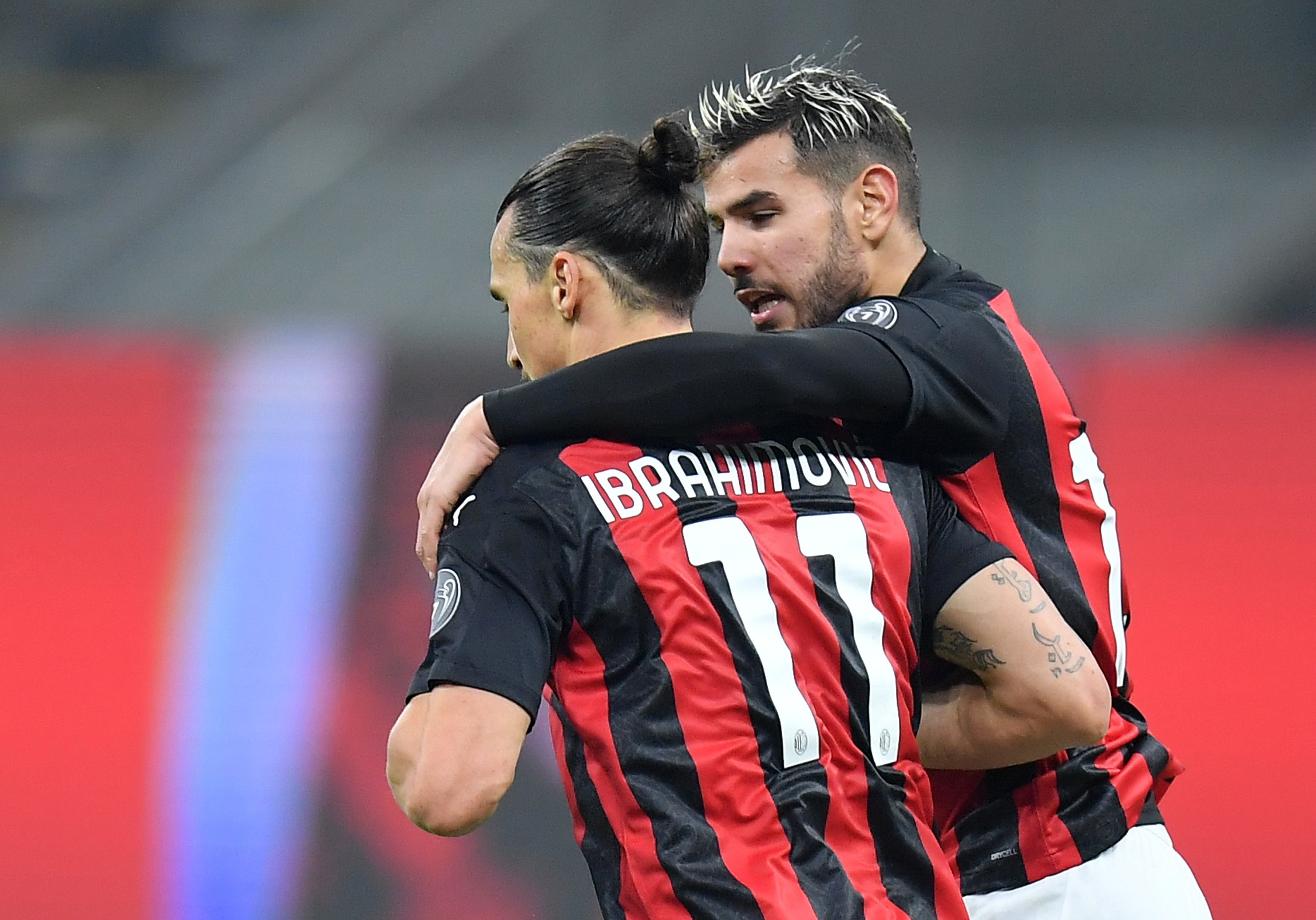 Soccer Football - Serie A - AC Milan v Hellas Verona - San Siro, Milan, Italy - November 8, 2020 AC Milan's Zlatan Ibrahimovic celebrates scoring their second goal with Theo Hernandez REUTERS