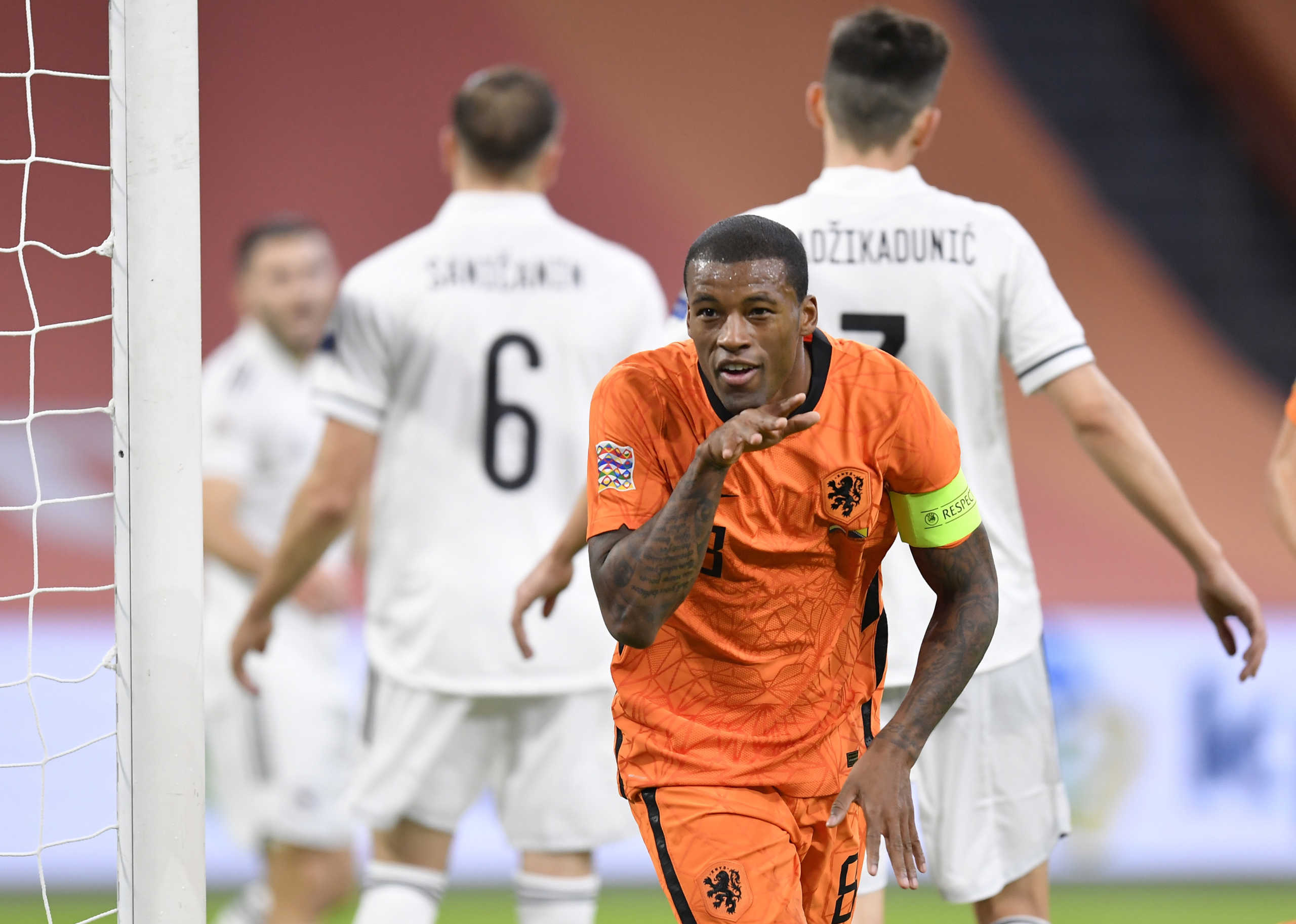Soccer Football - UEFA Nations League - League A - Group 1 - Netherlands v Bosnia and Herzegovina - Johan Cruijff Arena, Amsterdam, Netherlands - November 15, 2020 Netherlands' Georginio Wijnaldum celebrates scoring their second goal Pool via REUTERS