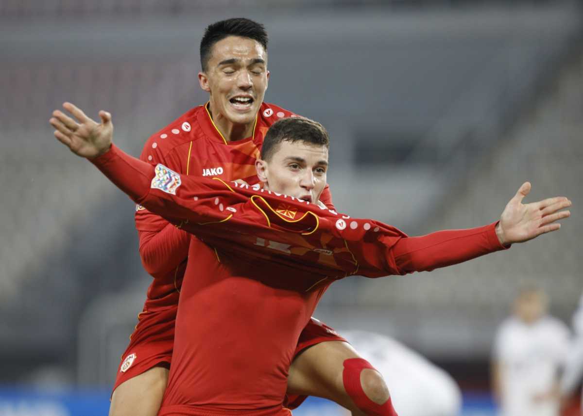 Soccer Football - UEFA Nations League - League C - Group 2 - North Macedonia v Estonia - National Arena Toshe Proeski Stadium, Skopje, North Macedonia - November 15, 2020 North Macedonia’s Vlatko Stojanovski celebrates scoring their second goal with Tihomir Kostadinov REUTERS