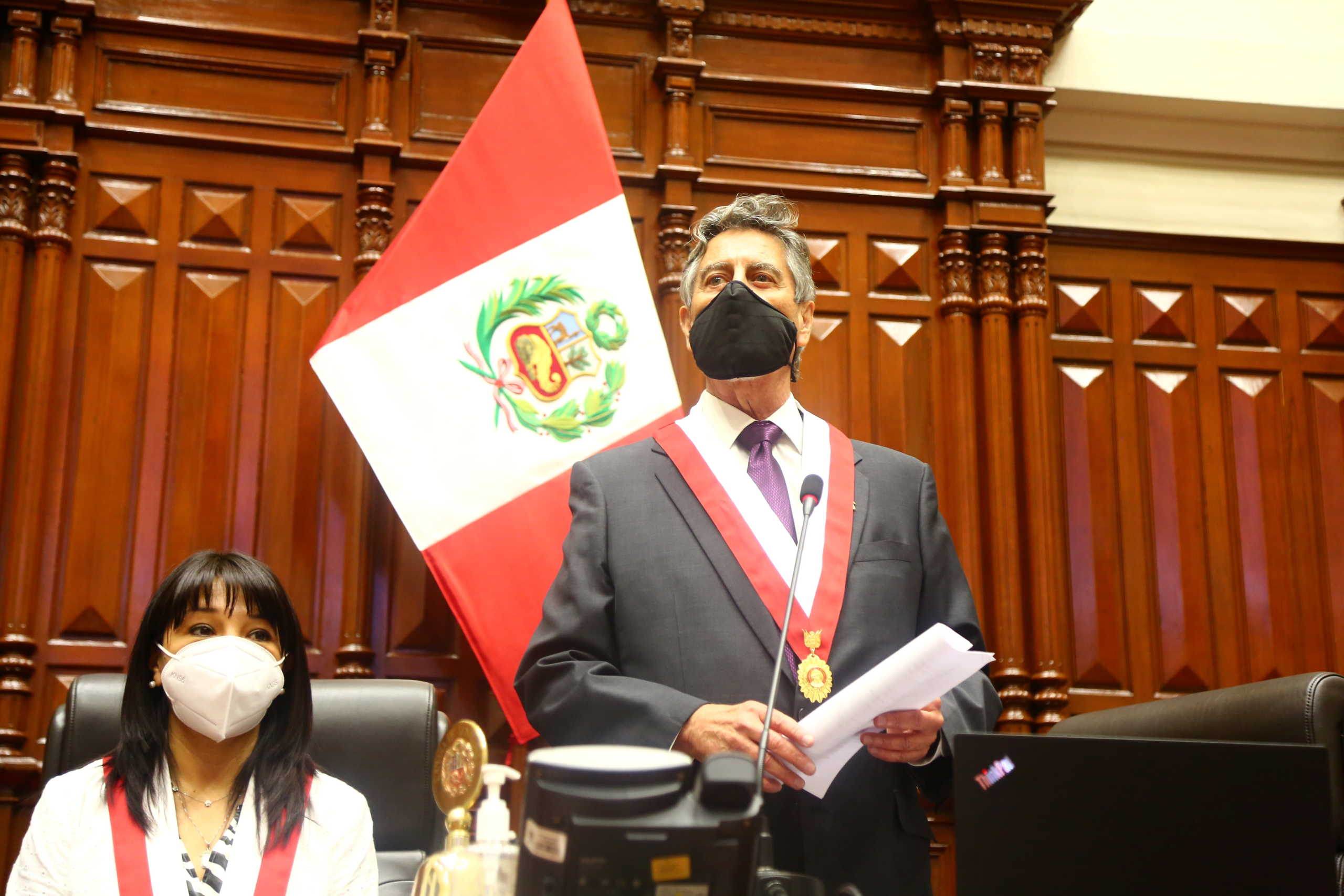 Francisco Sagasti from the Centrist Morado Party addresses Congress members after he was elected Peru's interim president, in Lima, November 16, 2020. Peruvian Congress