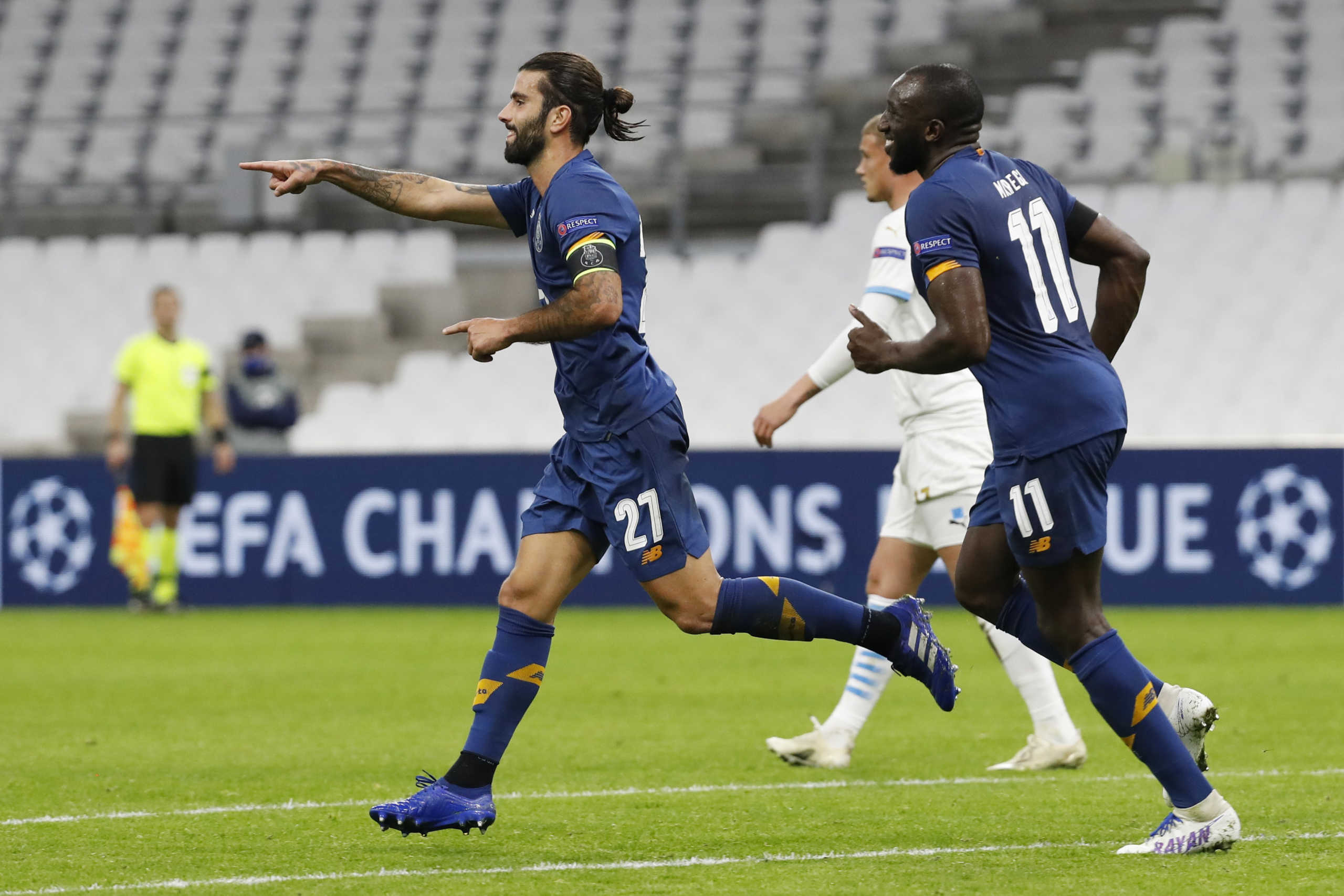 Soccer Football - Champions League - Group C - Olympique de Marseille v FC Porto - Orange Velodrome, Marseille, France - November 25, 2020 FC Porto's Sergio Oliveira celebrates scoring their second goal REUTERS