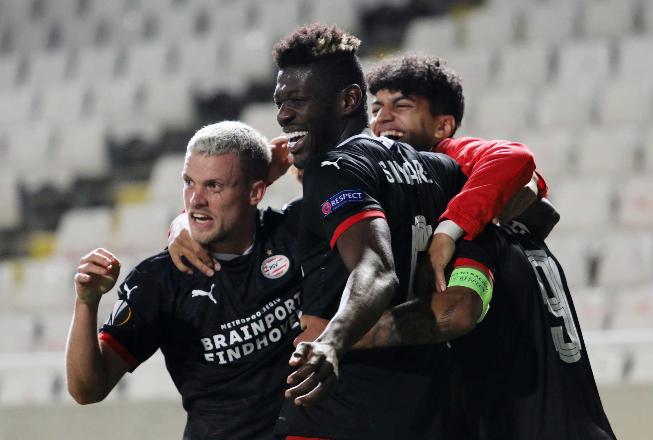 Soccer Football - Europa League - Group E - Omonia v PSV Eindhoven - GSP Stadium, Strovolos, Cyprus - October 29, 2020 PSV Eindhoven's Donyell Malen celebrates scoring their second goal with teammates REUTERS