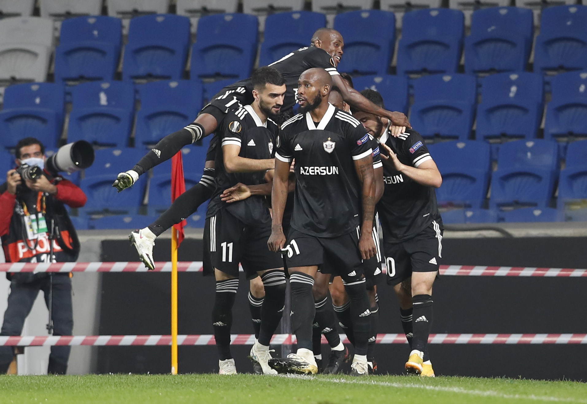 Soccer Football - Europa League - Group I - Qarabag v Villarreal - Basaksehir Fatih Terim Stadium, Istanbul, Turkey - October 29, 2020 Qarabag's Owusu Kwabena celebrates scoring their first goal with teammates REUTERS
