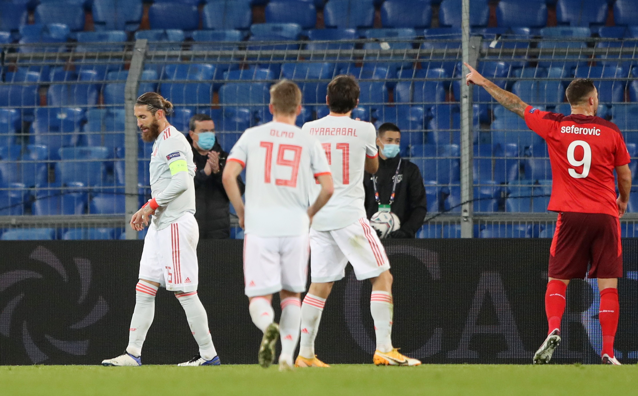 Soccer Football - UEFA Nations League - League A - Group 4 - Switzerland v Spain - St. Jakob-Park, Basel, Switzerland - November 14, 2020 Spain's Sergio Ramos reacts after missing a penalty REUTERS