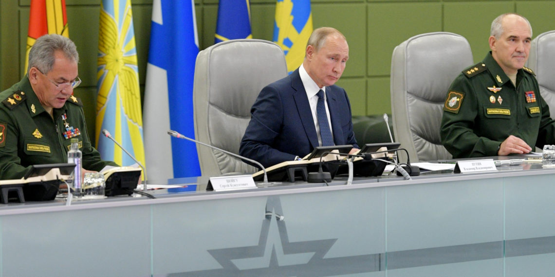 Russian President Vladimir Putin observes the Grom (Thunder) 2019 military exercises as he visits the National Centre for State Defence Control, in Moscow, Russia October 17, 2019. Sputnik