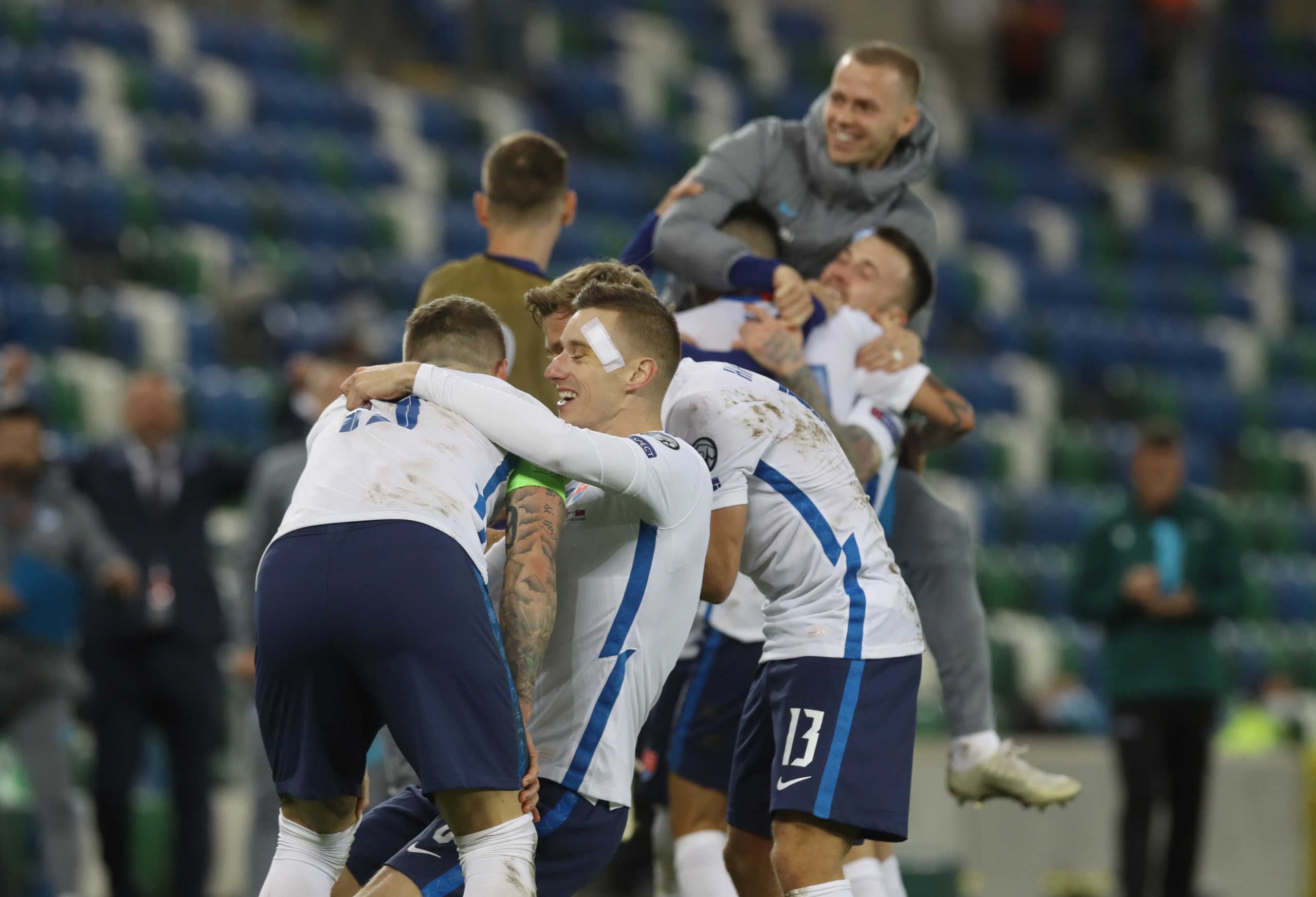 Soccer Football - Euro 2020 Playoff Final - Northern Ireland v Slovakia - Windsor Park, Belfast, Northern Ireland, Britain - November 12, 2020 Slovakia's Michal Duris celebrates scoring their second goal with teammates REUTERS