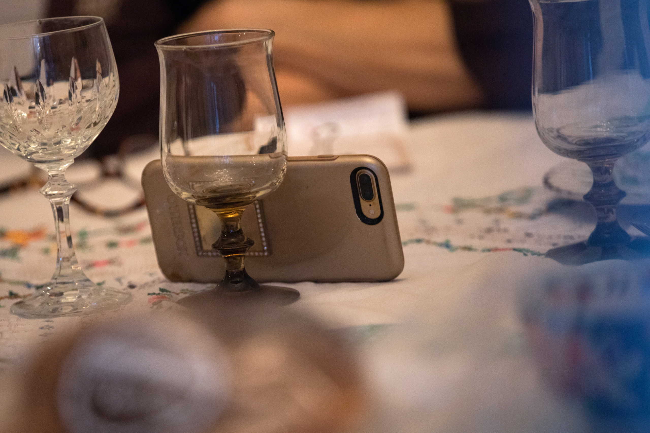 Janis Segal rests her phone on a wine glass as she and her husband, Uri Segal, celebrate Thanksgiving with a virtual zoom with their family before a small dinner together as they try to prevent the spread of the coronavirus disease (COVID-19) in Detroit, Michigan, U.S., November 26, 2020.  REUTERS