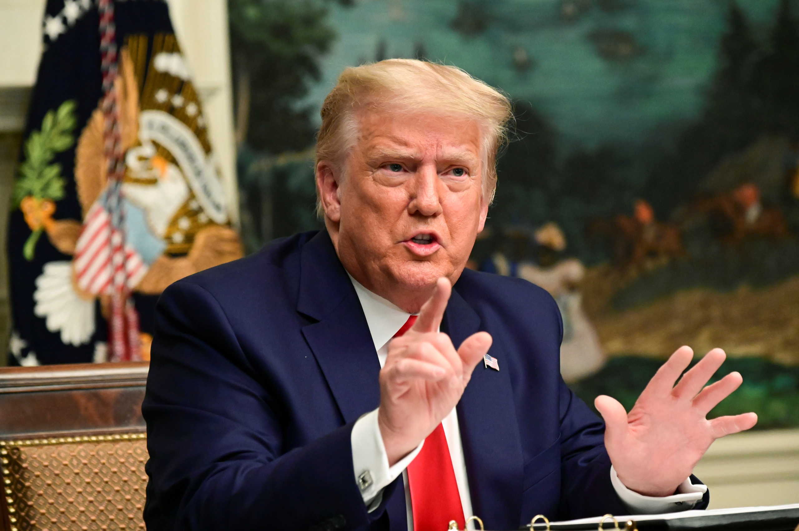 U.S. President Donald Trump speaks to reporters after he participated in a Thanksgiving video teleconference with members of the military forces at the White House in Washington, U.S., November 26, 2020.  REUTERS