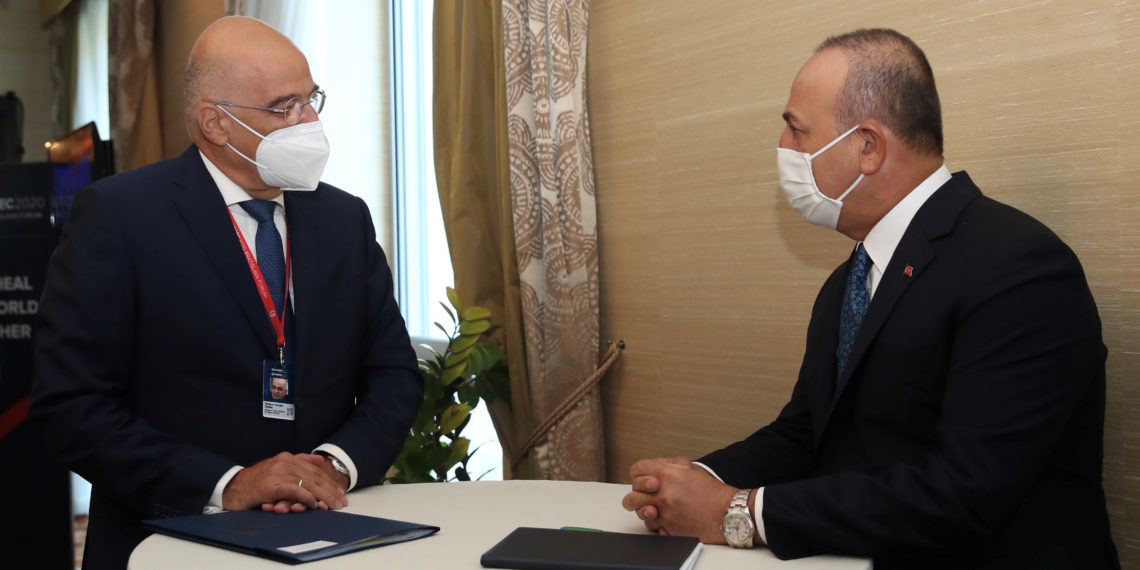 Turkish Foreign Minister Mevlut Cavusoglu meets with his Greek counterpart Nikos Dendias on the sidelines of the Global Security Forum in Bratislava, Slovakia October 8, 2020. Turkish Foreign Ministry