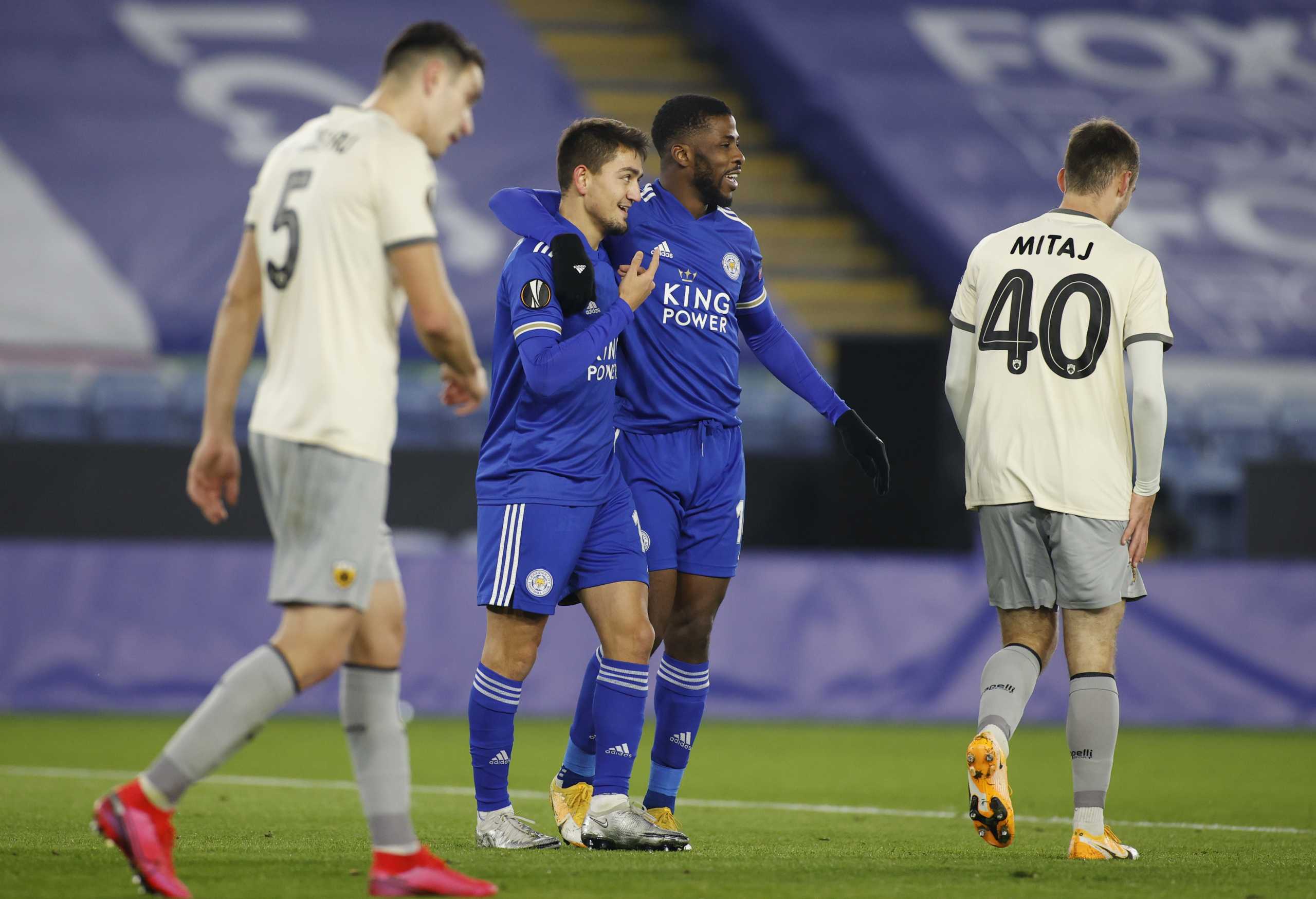 Soccer Football - Europa League - Group G - Leicester City v AEK Athens - King Power Stadium, Leicester, Britain - December 10, 2020  Leicester City's Cengiz Under celebrates scoring their first goal with teammates REUTERS