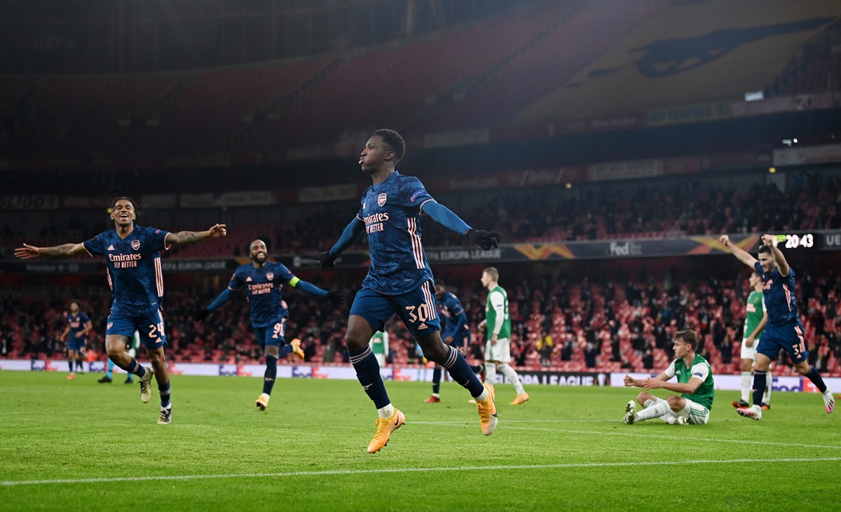 Soccer Football - Europa League - Group B - Arsenal v SK Rapid Wien - Emirates Stadium, London, Britain - December 3, 2020 Arsenal's Eddie Nketiah celebrates scoring their third goal REUTERS