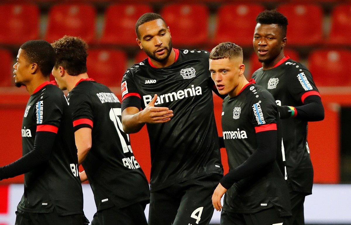 Soccer Football - Bundesliga - Bayer Leverkusen v TSG 1899 Hoffenheim - BayArena, Leverkusen, Germany - December 13, 2020 Bayer Leverkusen's Florian Wirtz scores their third goal with teammates      DFL regulations prohibit any use of photographs as image sequences and