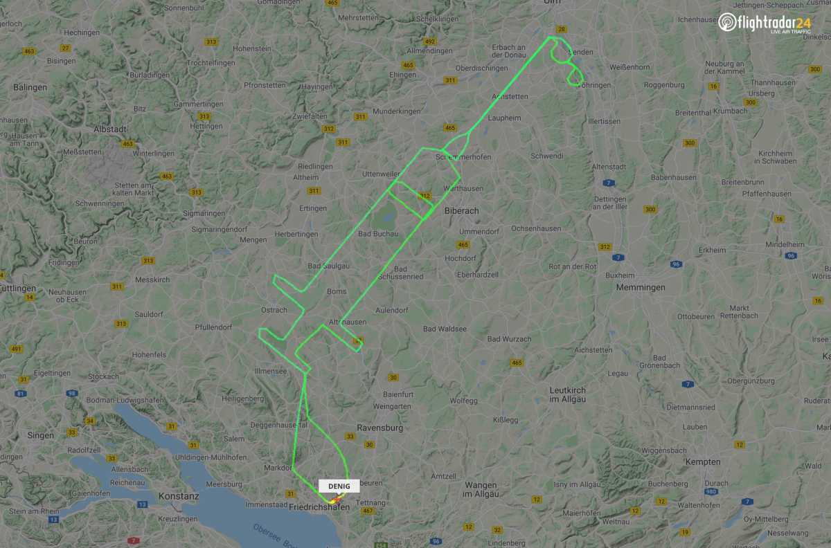 A flightradar24.com handout photo received on December 27, 2020 shows the flight track for a D-ENIG plane that traced a syringe on the maps in Germany to celebrate the arrival of a COVID-19 vaccine. The flight between Friedrichshafen and Ulm took place on December 23, 2020. Mandatory credit FLIGHTRADAR24.COM
