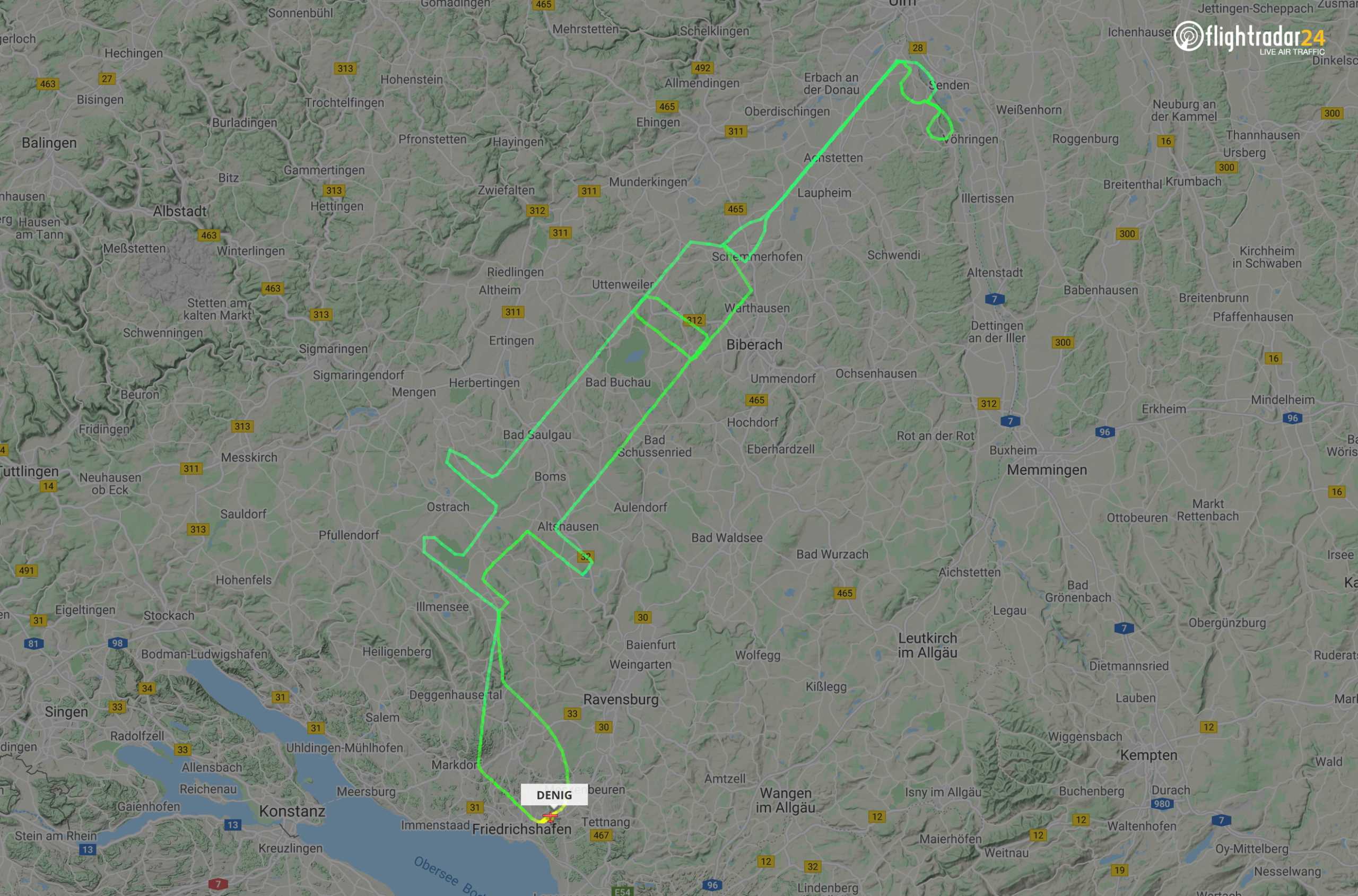 A flightradar24.com handout photo received on December 27, 2020 shows the flight track for a D-ENIG plane that traced a syringe on the maps in Germany to celebrate the arrival of a COVID-19 vaccine. The flight between Friedrichshafen and Ulm took place on December 23, 2020. Mandatory credit FLIGHTRADAR24.COM