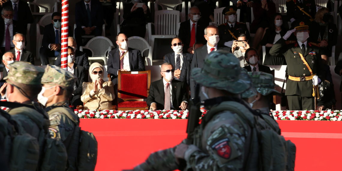 Turkish President Tayyip Erdogan and his wife Emine Erdogan attend a ceremony marking the 37th anniversary of the Declaration of Independence of the Turkish Republic of Northern Cyprus, a breakway state recognized only by Turkey, in northern Nicosia, Cyprus November 15, 2020. Mustafa Oztartan