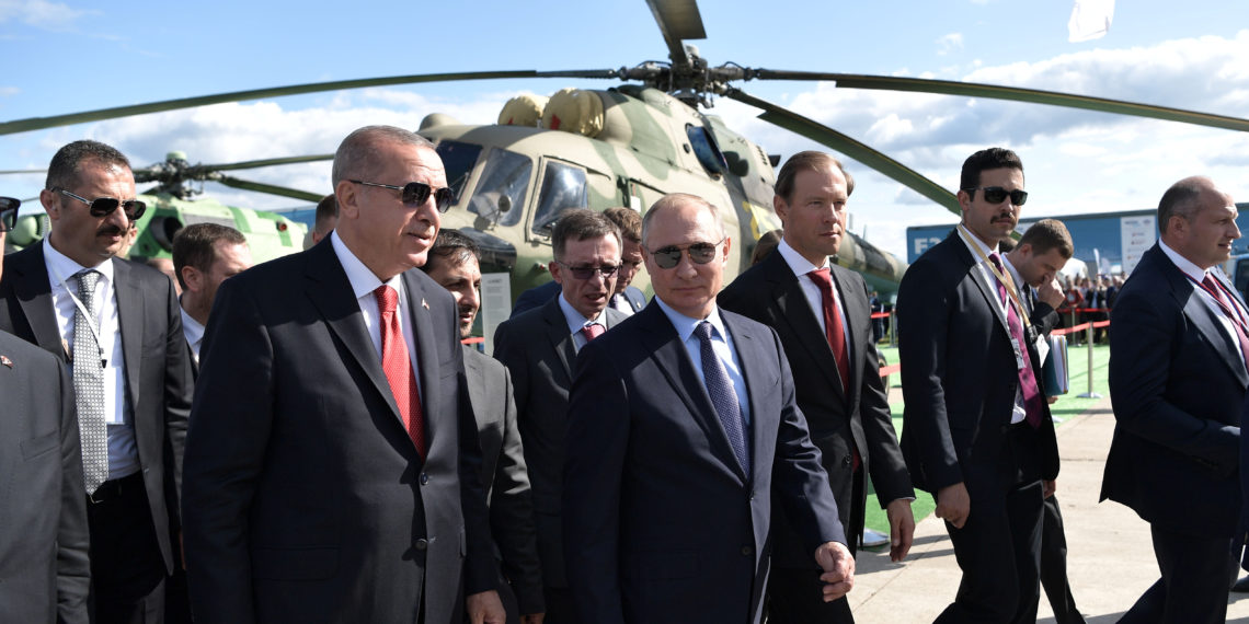 Russian President Vladimir Putin and his Turkish counterpart Recep Tayyip Erdogan visit the MAKS 2019 air show in Zhukovsky, outside Moscow, Russia, August 27, 2019.  Sputnik