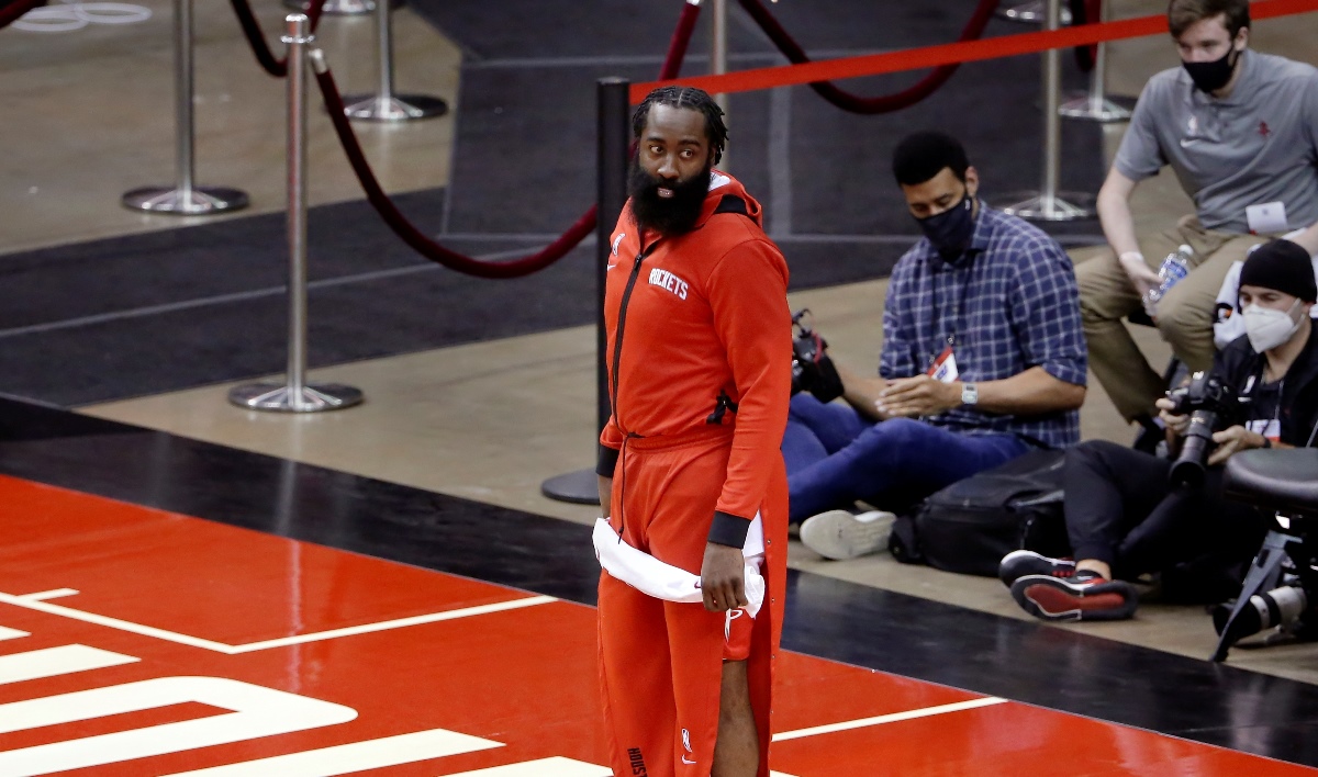 Dec 15, 2020; Houston, TX, USA; Houston Rockets guard James Harden leaves the court after a victory over the San Antonio Spurs. Mandatory Credit: Mike Wyke