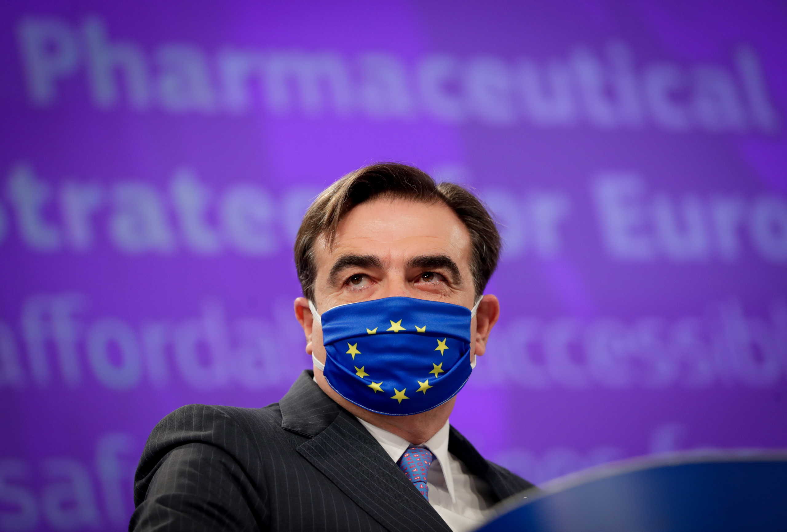 European Commissioner for Promoting our European Way of Life Margaritis Schinas and European Commissioner in charge of Health Stella Kyriakides (not seen) give a news conference on the Pharmaceutical Strategy for Europe at the European Commission in Brussels, Belgium November 25, 2020. Stephanie Lecocq