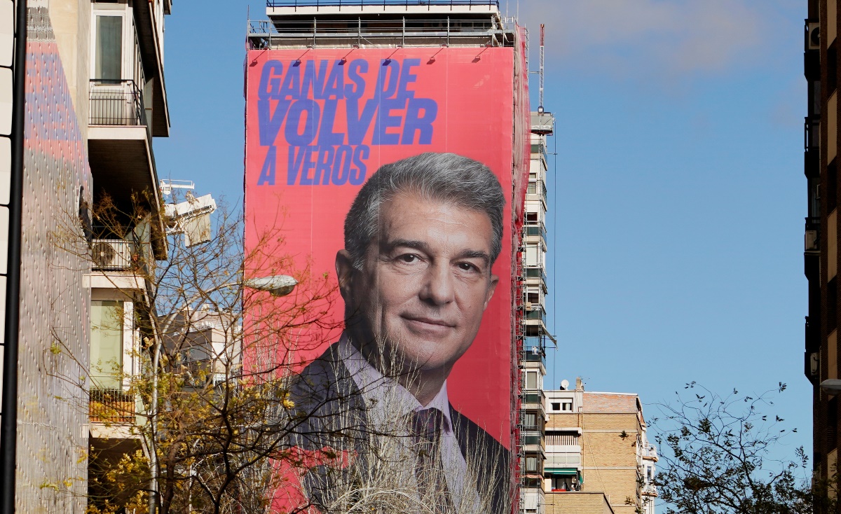 A giant electoral poster of FC Barcelona presidential hopeful Joan Laporta is seen on a building next to the Santiago Bernabeu Stadium in Madrid, Spain - December 15, 2020. REUTERS