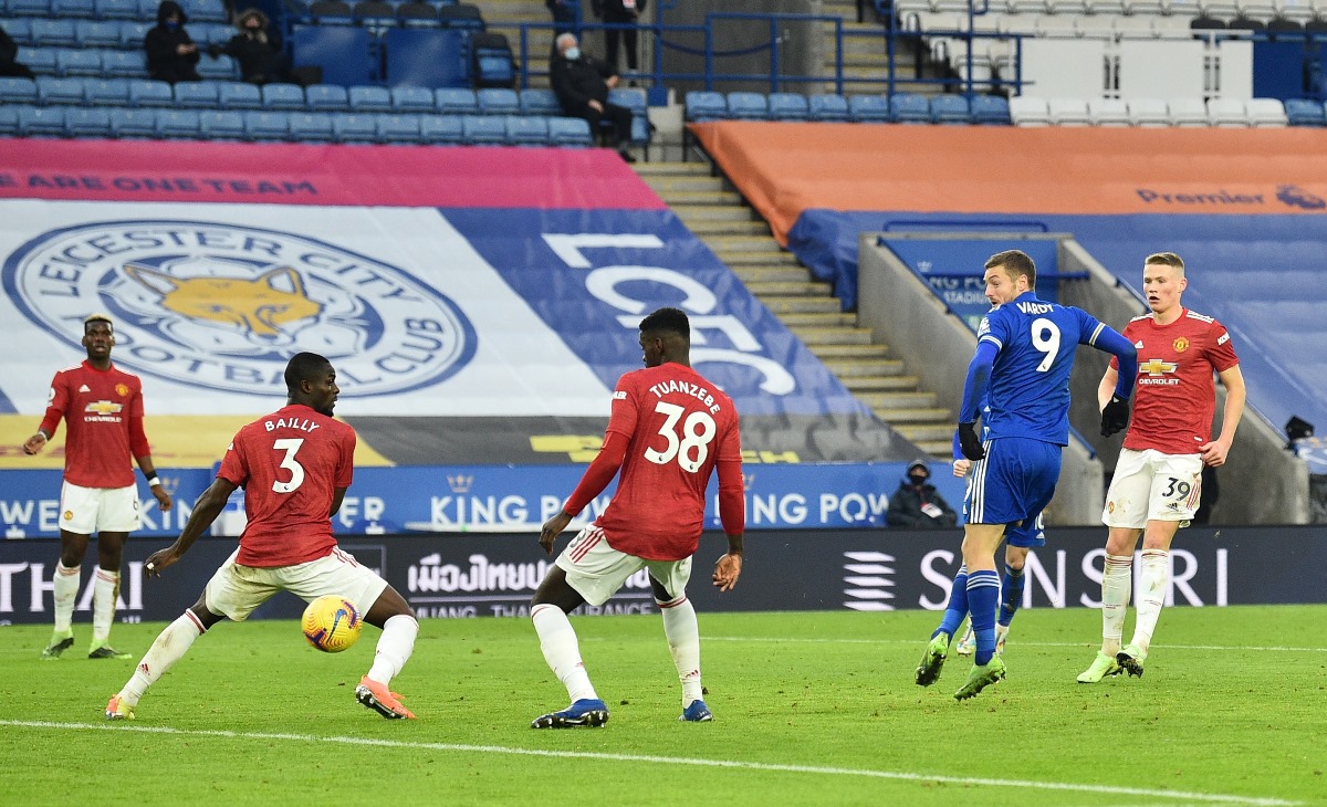 Soccer Football - Premier League - Leicester City v Manchester United - King Power Stadium, Leicester, Britain - December 26, 2020 Leicester City's Jamie Vardy scores their second goal Pool via REUTERS