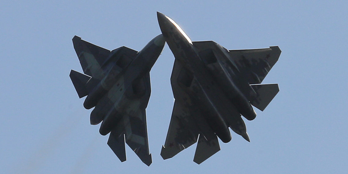 Russian Sukhoi Su-57 fighter jets perform during a demonstration flight at the MAKS-2019 air show in Zhukovsky outside Moscow, Russia August 29, 2019. REUTERS