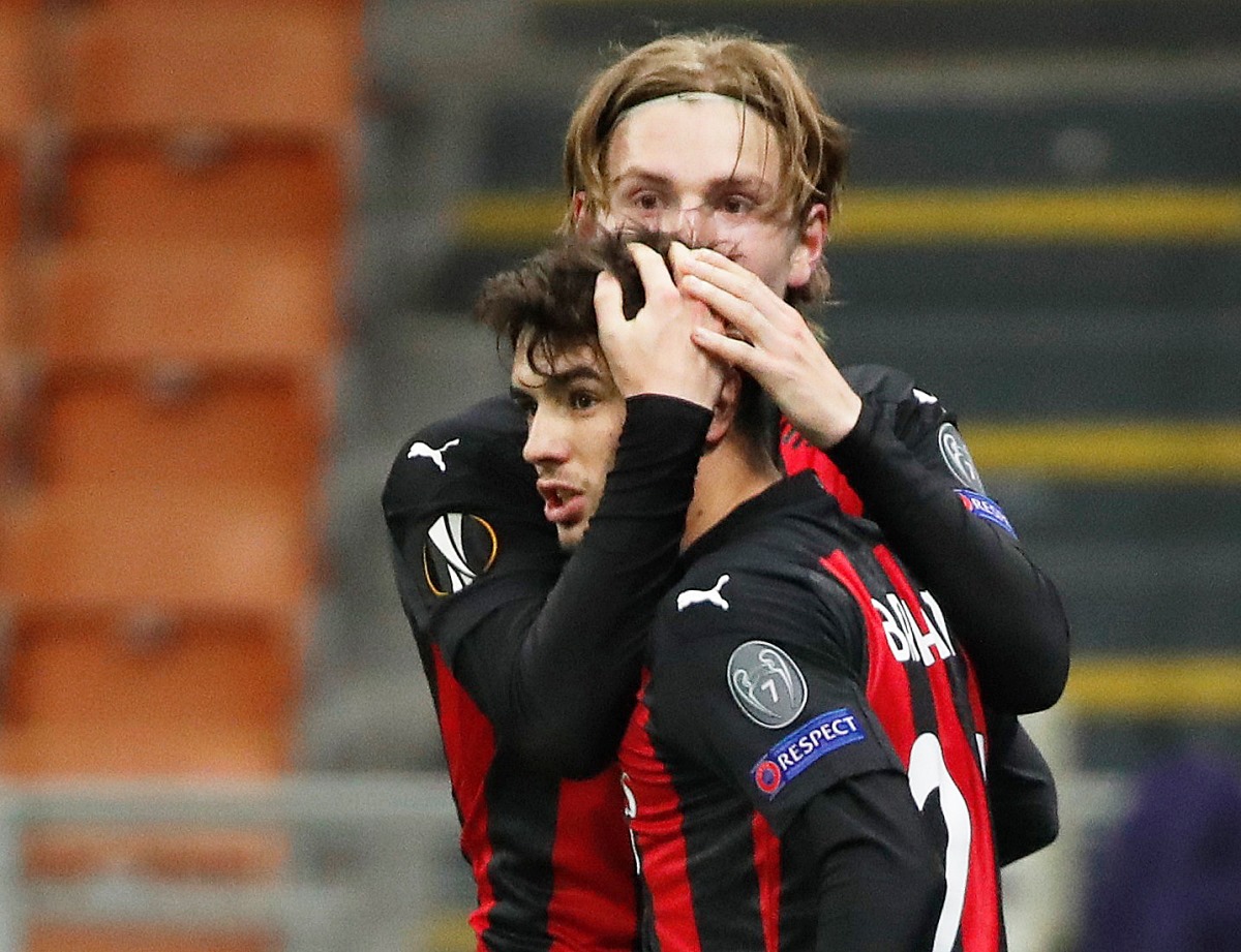 Soccer Football - Europa League - Group H - AC Milan v Celtic - San Siro, Milan, Italy - December 3, 2020 AC Milan's Brahim Diaz  celebrates scoring their fourth goal with  Jens Petter Hauge REUTERS