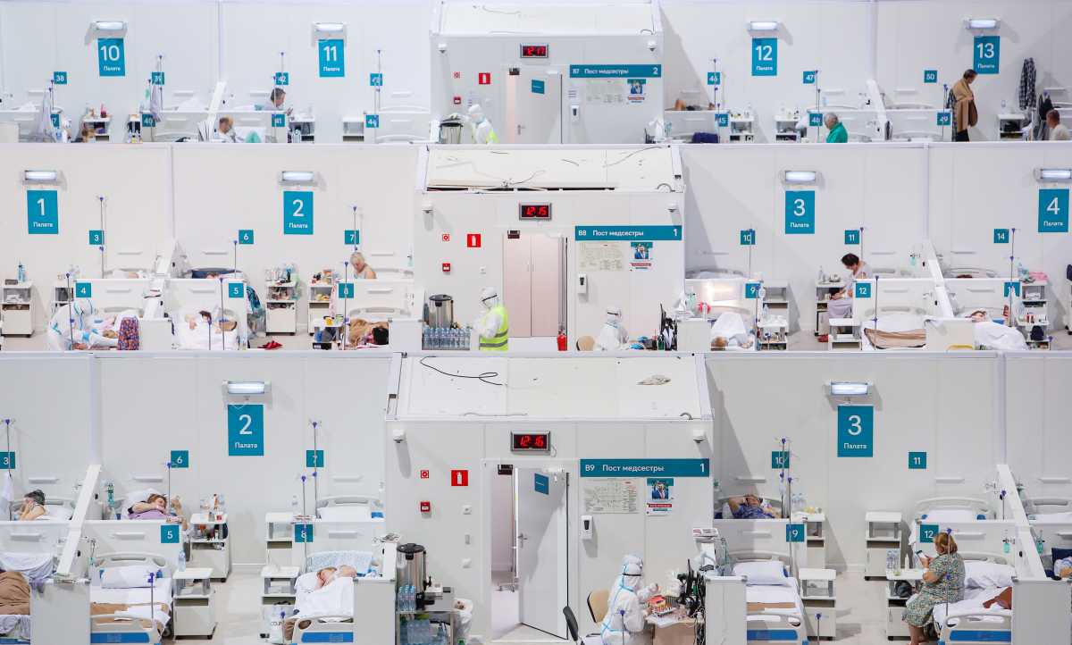 A general view of treatment blocks at a temporary hospital in the Krylatskoye Ice Palace, where patients suffering from the coronavirus disease (COVID-19) are treated, in Moscow, Russia, November 13, 2020. REUTERS