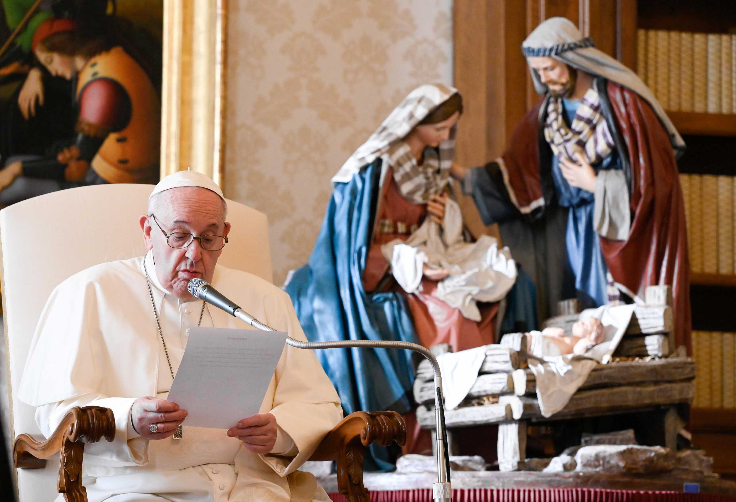 Pope Francis holds the weekly general audience at the Library of the Apostolic Palace at the Vatican December 16, 2020.   Vatican Media