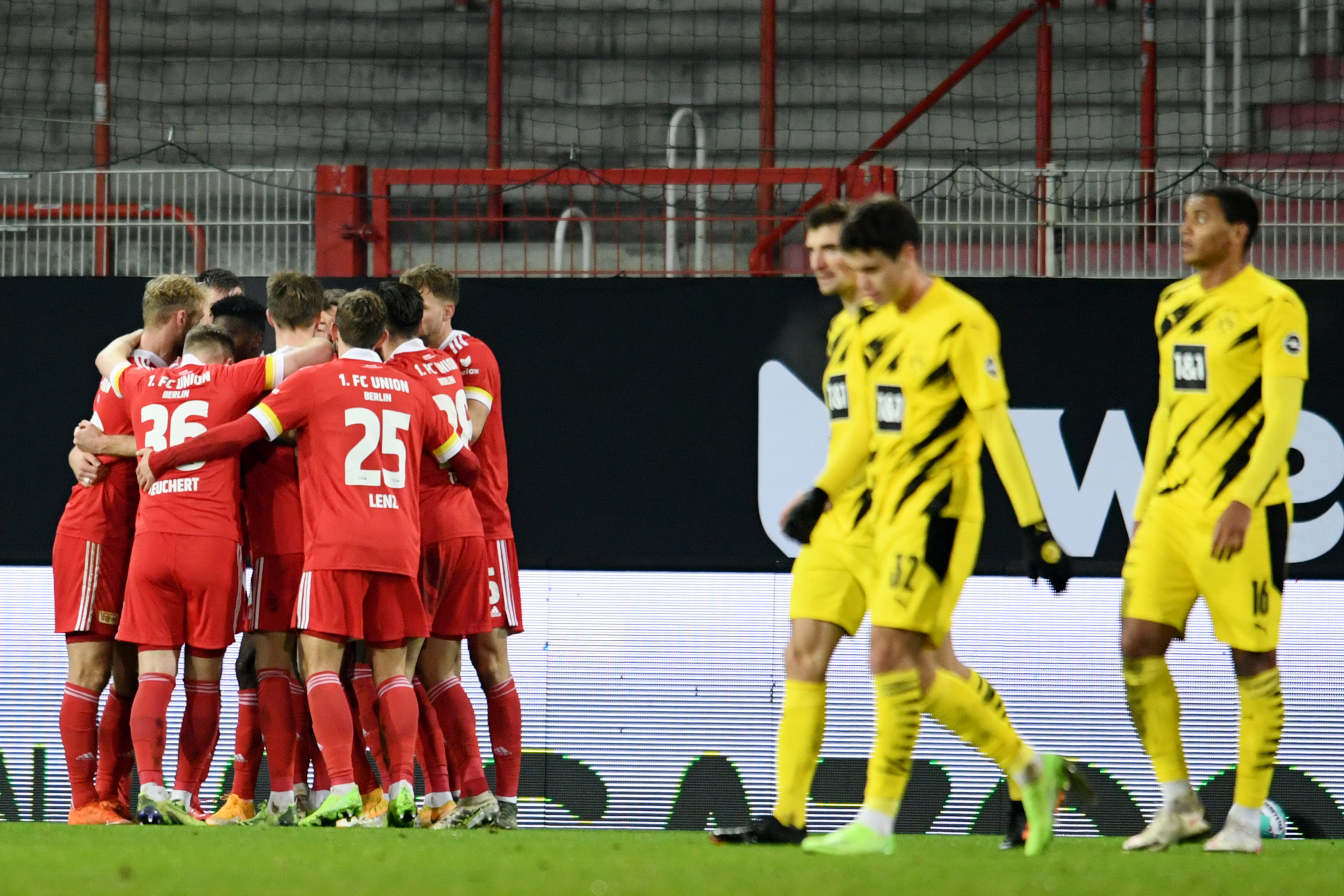 Soccer Football - Bundesliga - 1. FC Union Berlin v Borussia Dortmund - Stadion An der Alten Forsterei, Berlin, Germany - December 18, 2020   1. FC Union Berlin's Taiwo Awoniyi celebrates scoring their first goal with teammates           Annegret Hilse