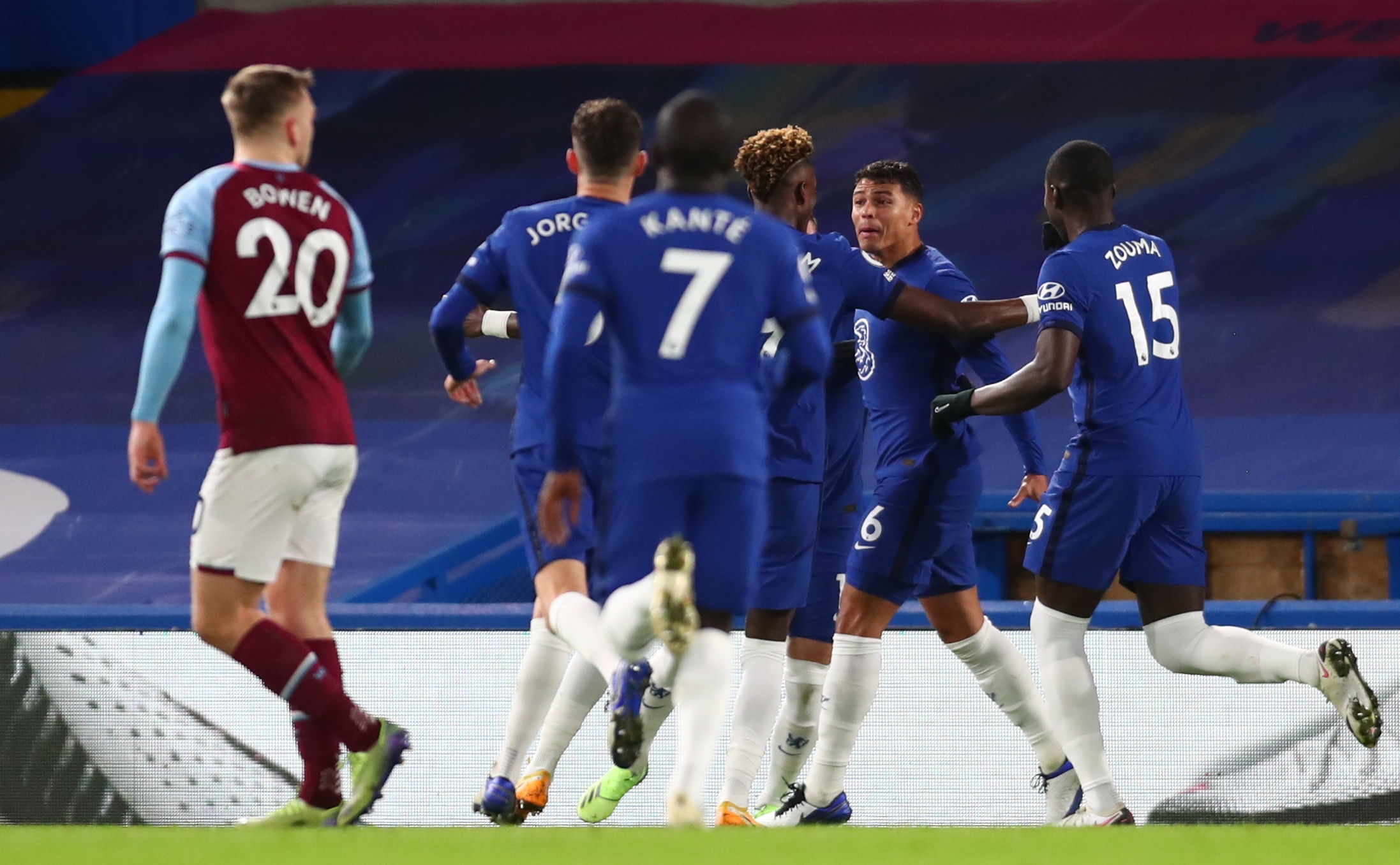 Soccer Football - Premier League - Chelsea v West Ham United - Stamford Bridge, London, Britain - December 21, 2020 Chelsea's Thiago Silva celebrates scoring their first goal with teammates Pool via REUTERS