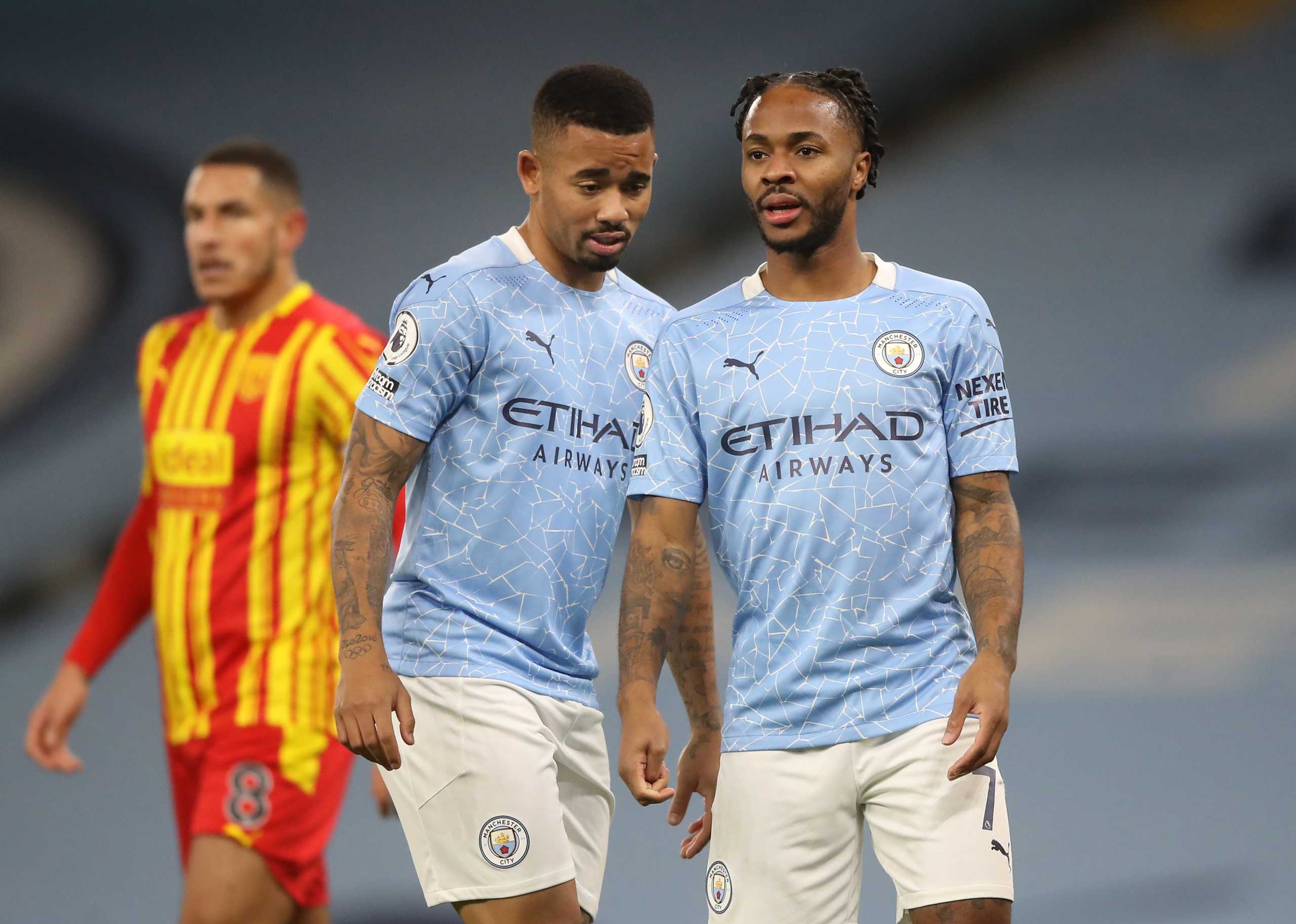Soccer Football - Premier League - Manchester City v West Bromwich Albion - Etihad Stadium, Manchester, Britain - December 15, 2020 Manchester City's Raheem Sterling and Gabriel Jesus Pool via REUTERS