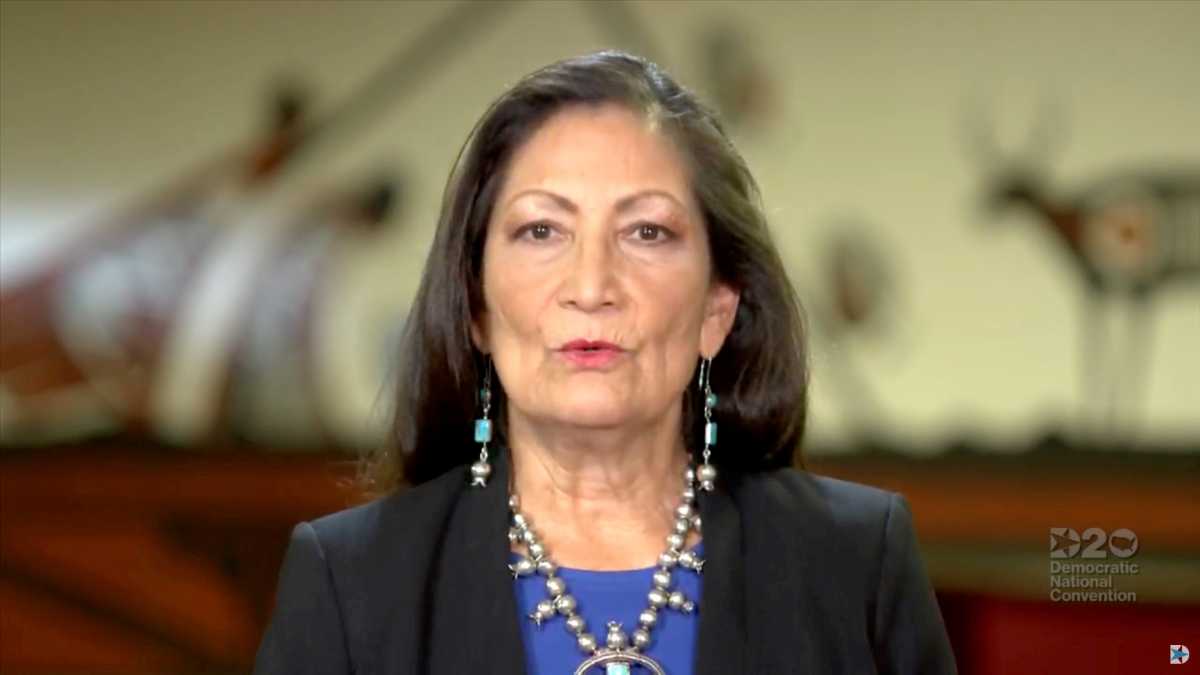 FILE PHOTO: Representative Deb Haaland (D-NM) speaks by video feed during the 2020 Democratic National Convention, August 20, 2020. 2020 Democratic National Convention