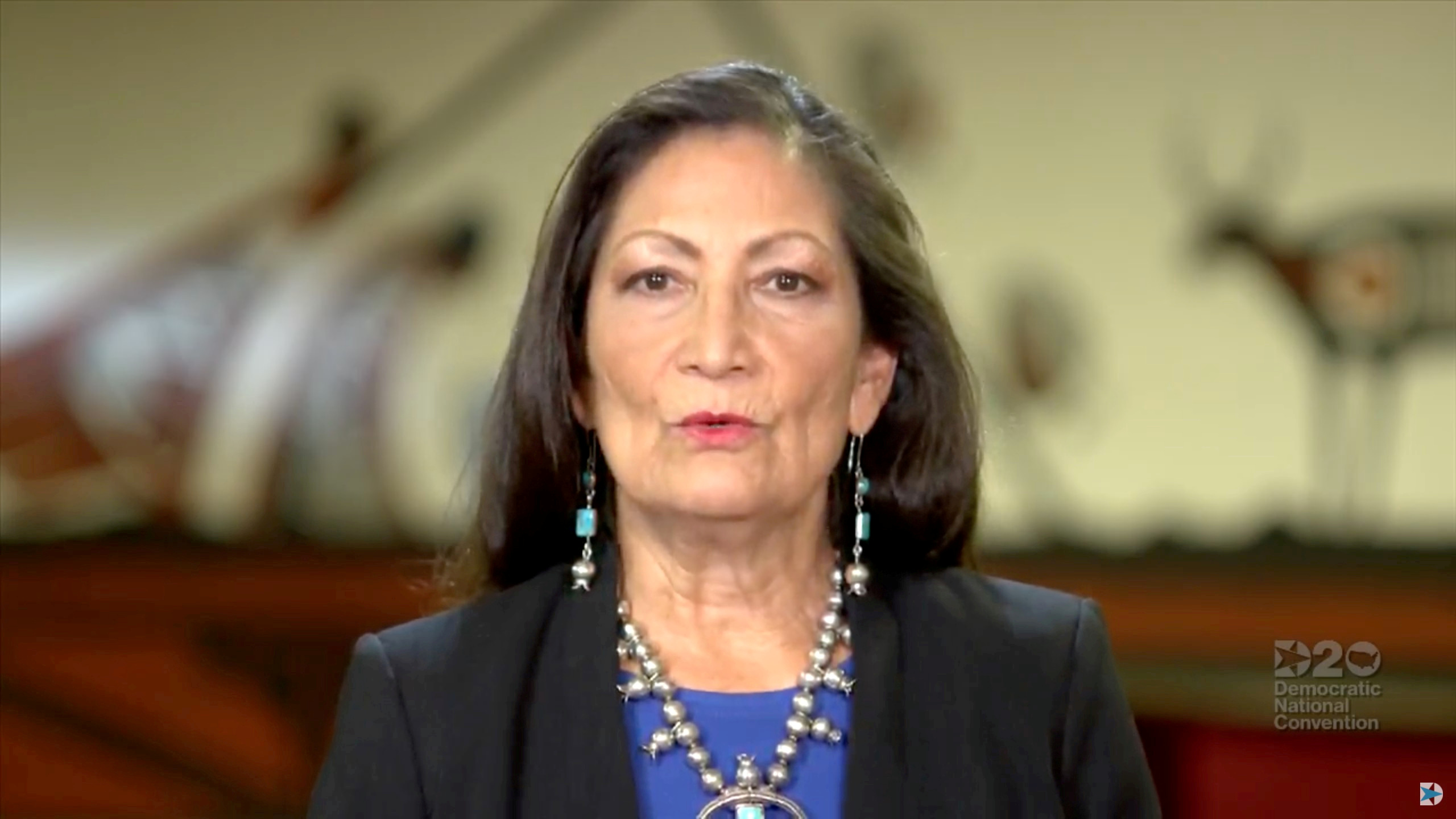 FILE PHOTO: Representative Deb Haaland (D-NM) speaks by video feed during the 2020 Democratic National Convention, August 20, 2020. 2020 Democratic National Convention