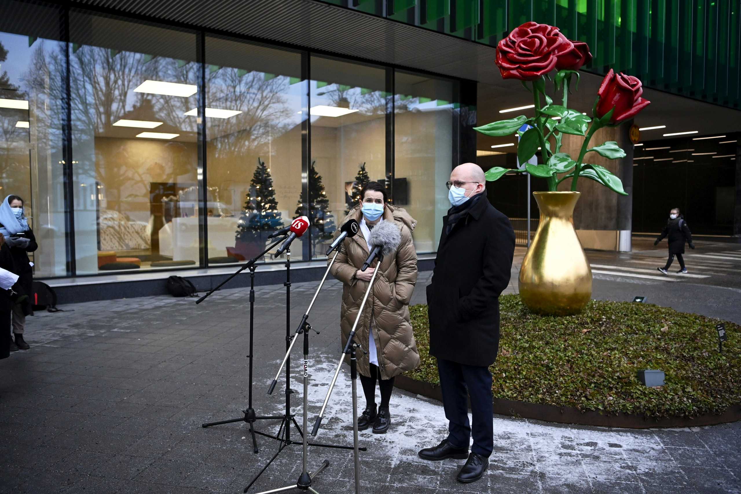 Deputy Chief Physician Eeva Ruotsalainen and Chief Administrative Medical Officer Teppo Heikkila talk to media after first vaccinations with the Pfizer-BioNTech coronavirus disease (COVID-19) vaccines at the Helsinki University Hospital in Helsinki, Finland December 27, 2020.  Lehtikuva