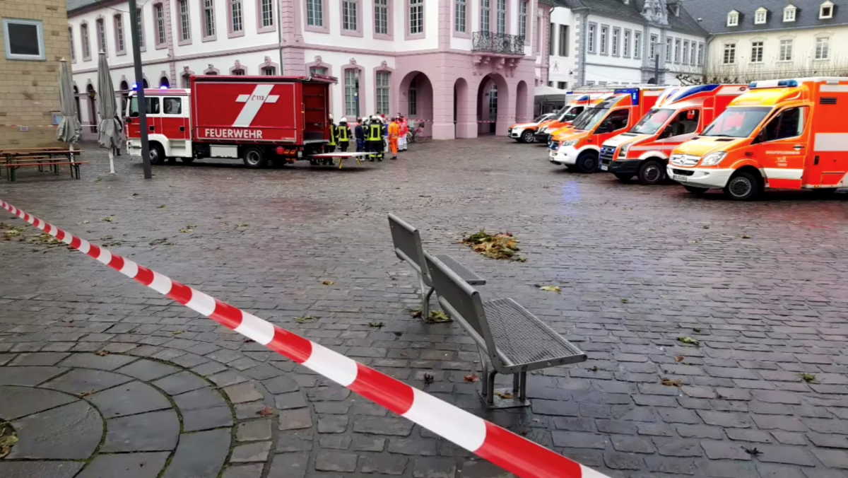 Emergency vehicles are seen at the city center, where a car crashed into pedestrians in Trier, Germany, December 1, 2020, in this still image obtained from a social media video.  NEWSTR.DE